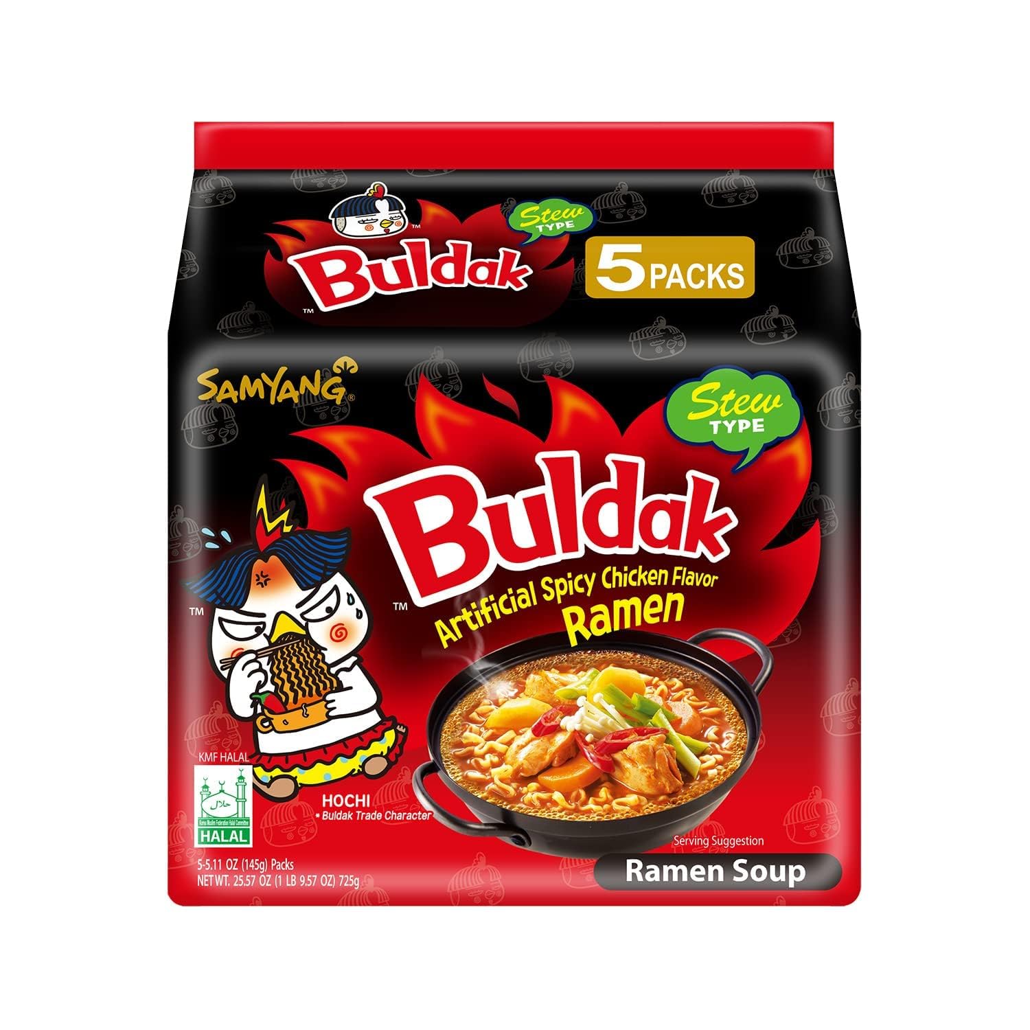 Samyang Buldak Hot Spicy Chicken Ramen Noodle Korean Stir-Fried Ramen, Original Stew Type, Pack of 5