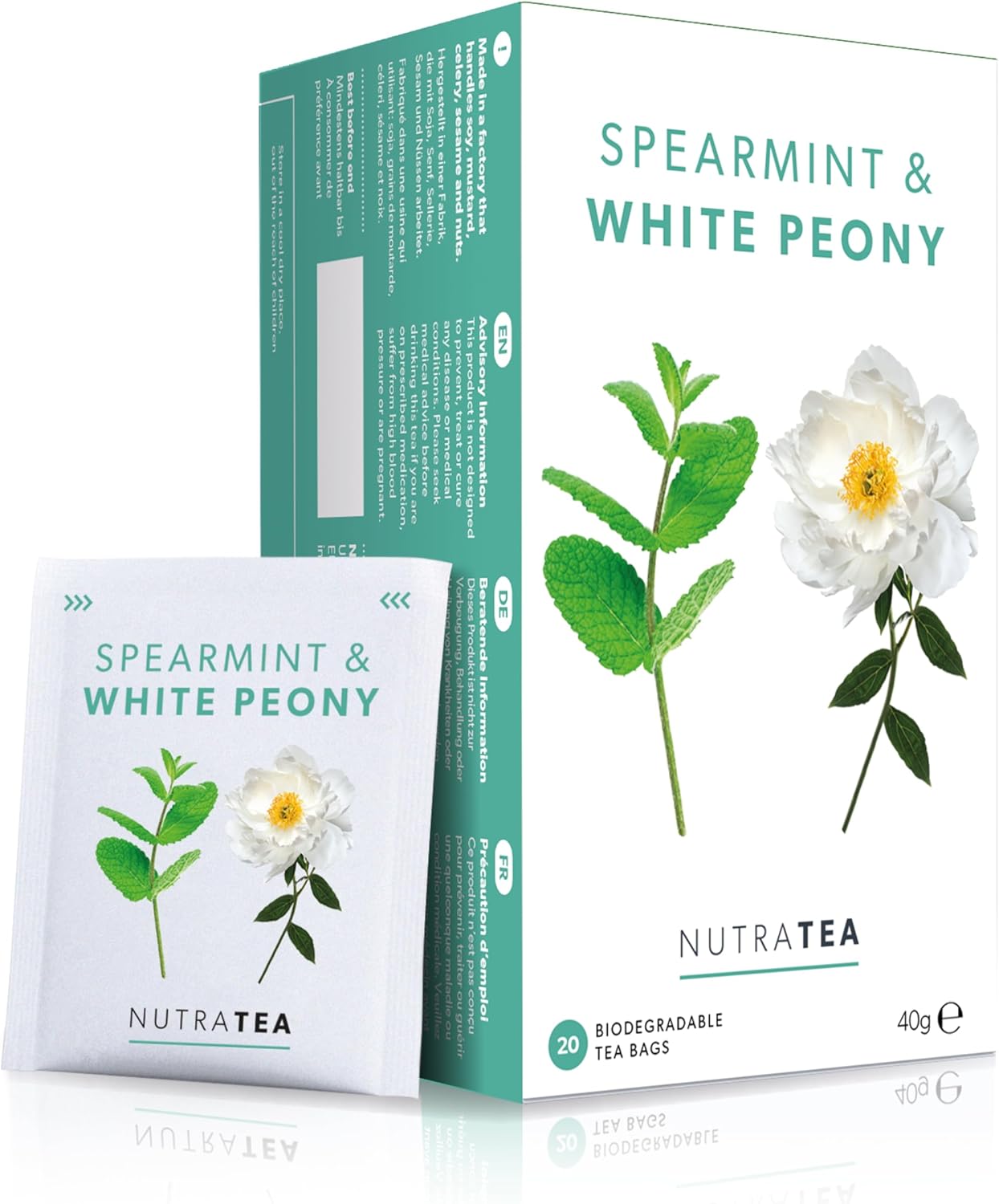 Nutra Tea Spearmint & White Peony - Spearmint Tea For Pcos | White Peony Tea For Digestion & Women's Health - 20 Individually Wrapped Bags - Herbal Infusion (1 Pack)