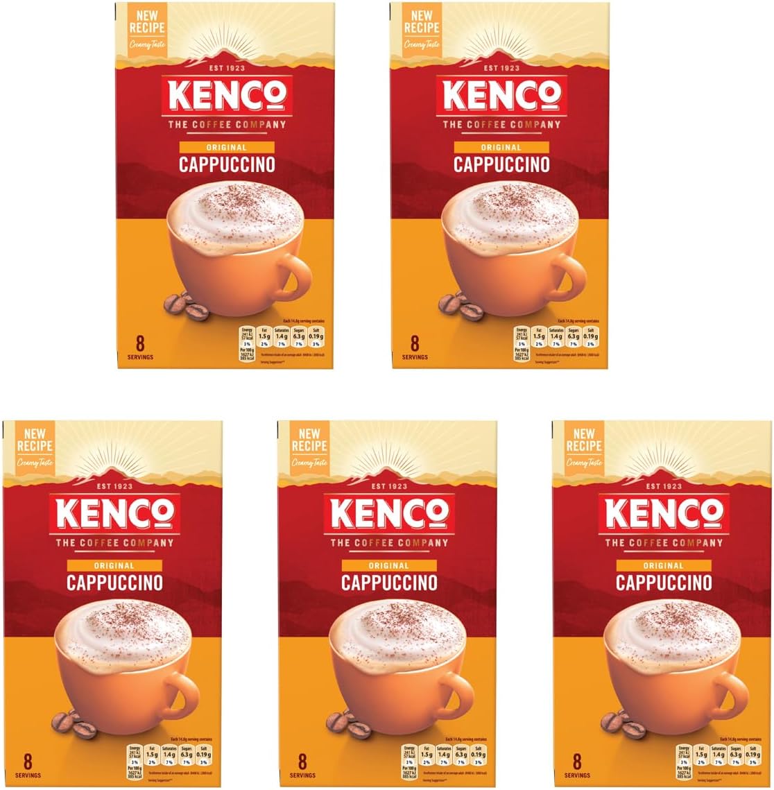 Kenco Cappuccino Instant Coffee Sachets 8x14.8g (Pack of 5, Total 40 Sachets, 592g)