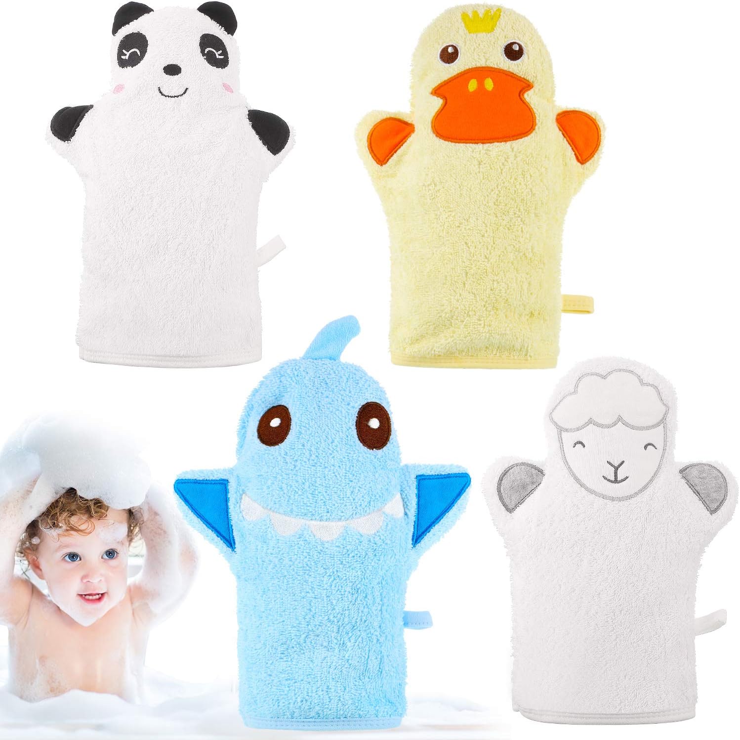 Shappy 4 Pieces Baby Bath Mitt Washcloths Gloves Panda Toddler Soft Washcloths for Kids Designed in Cute Animal Yellow Duck Shark Sheep Cotton Towel Gentle Scrub for Baby Girl Boy Bath Shower