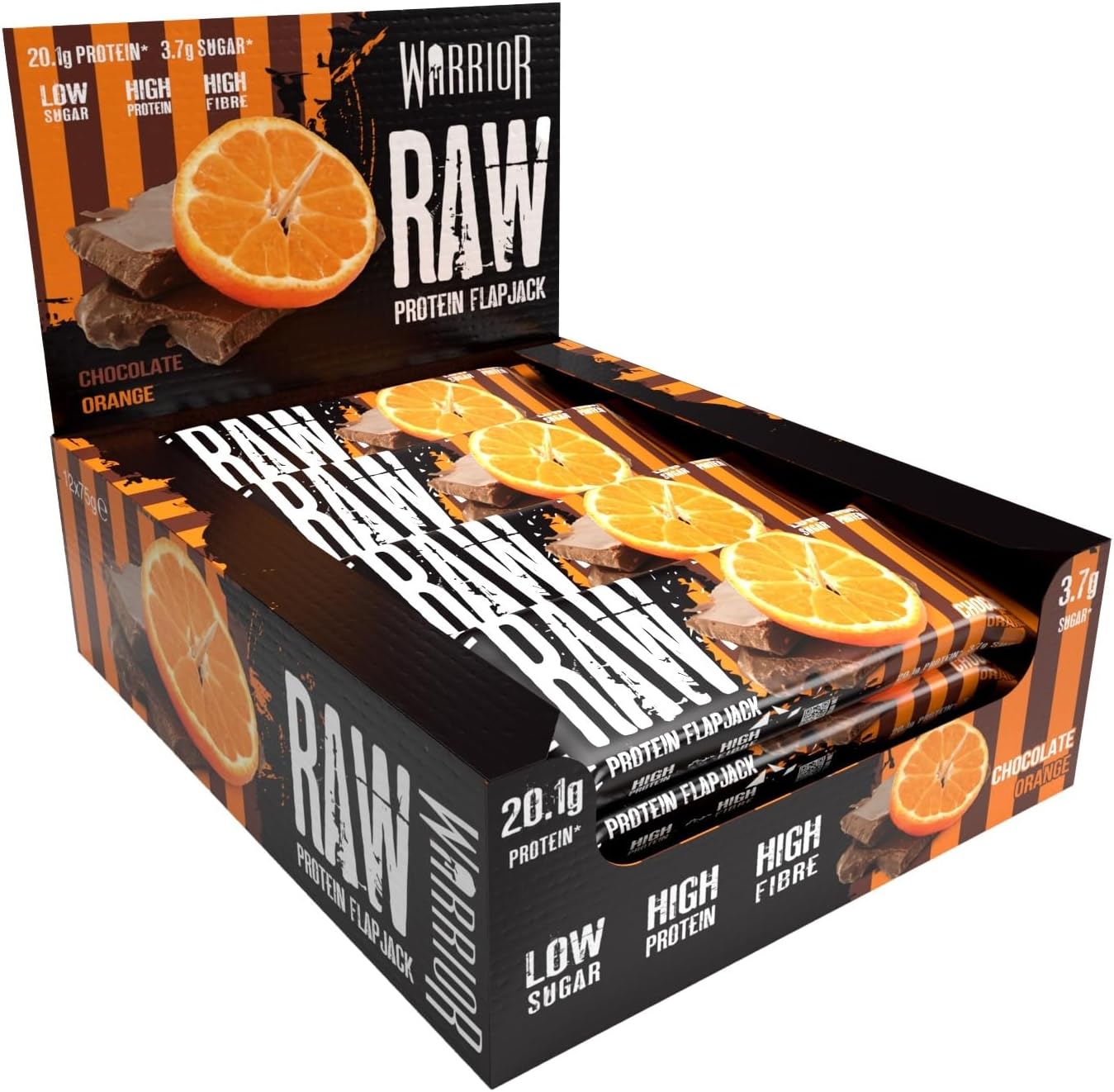 Warrior Raw Protein Flapjacks – 12 Bars x 75g Each – Packed with 20g of Protein – Low Sugar, High in Fibre (Chocolate Orange)