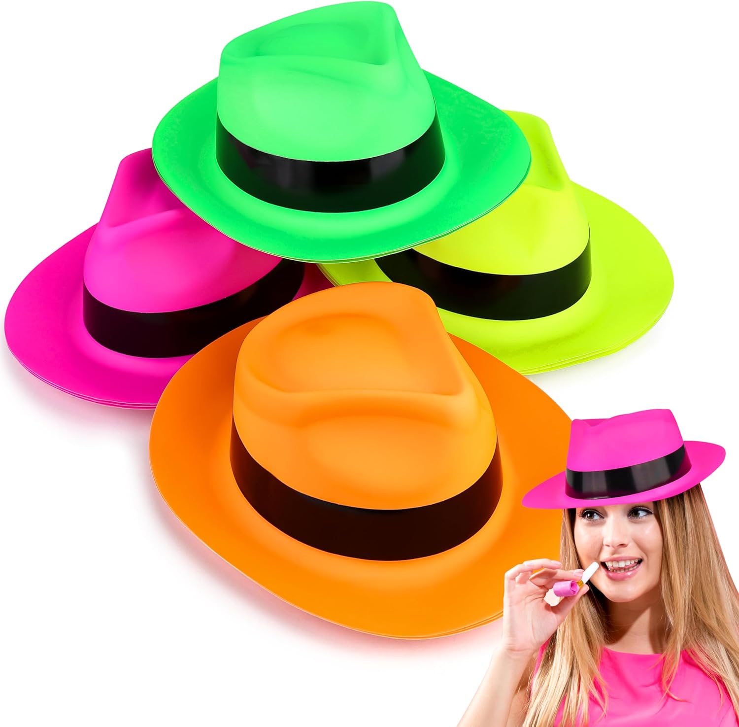 Neon Gangster Fedora Party Hats for Adults and Kids, UV Reactive Fluorescent Hat 12-Pack, Parties, Weddings