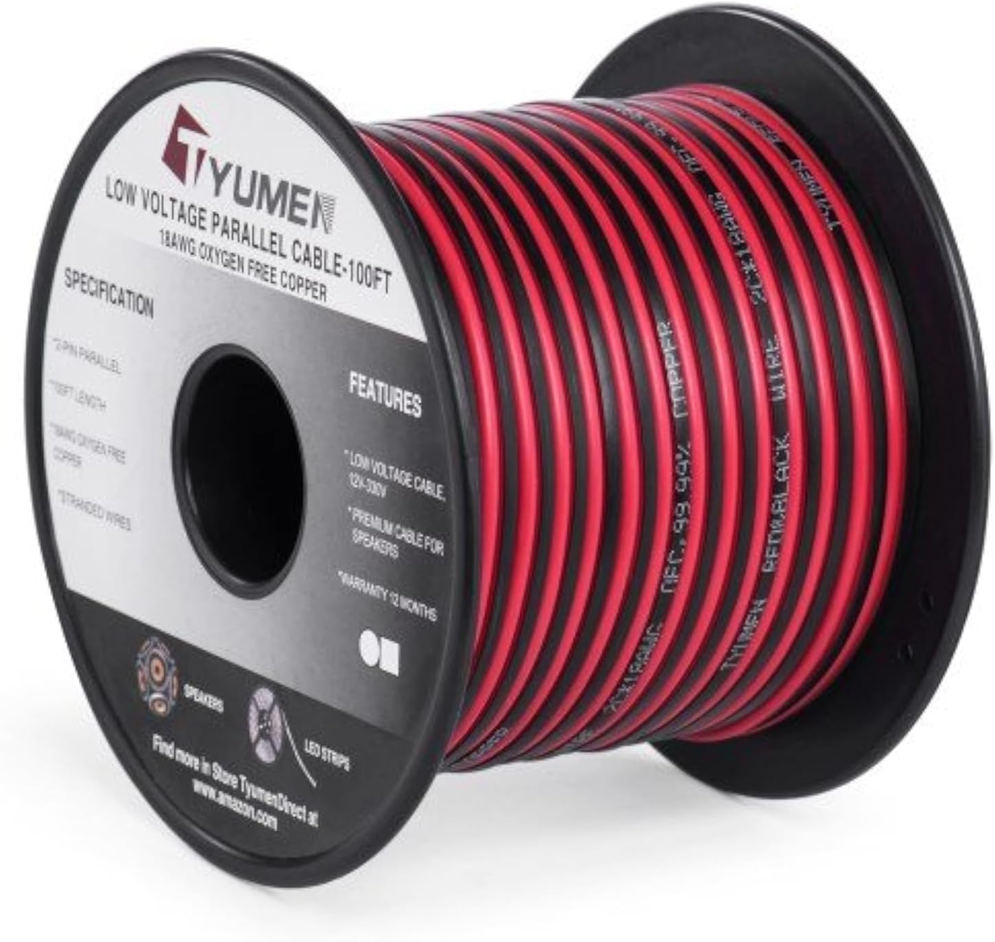 100FT 18 AWG Gauge 2 Conductor Stranded Red Black Car Home Stereo Speaker Audio Cable Electrical Hookup Wire - 99.95% Oxygen Free Copper Wires