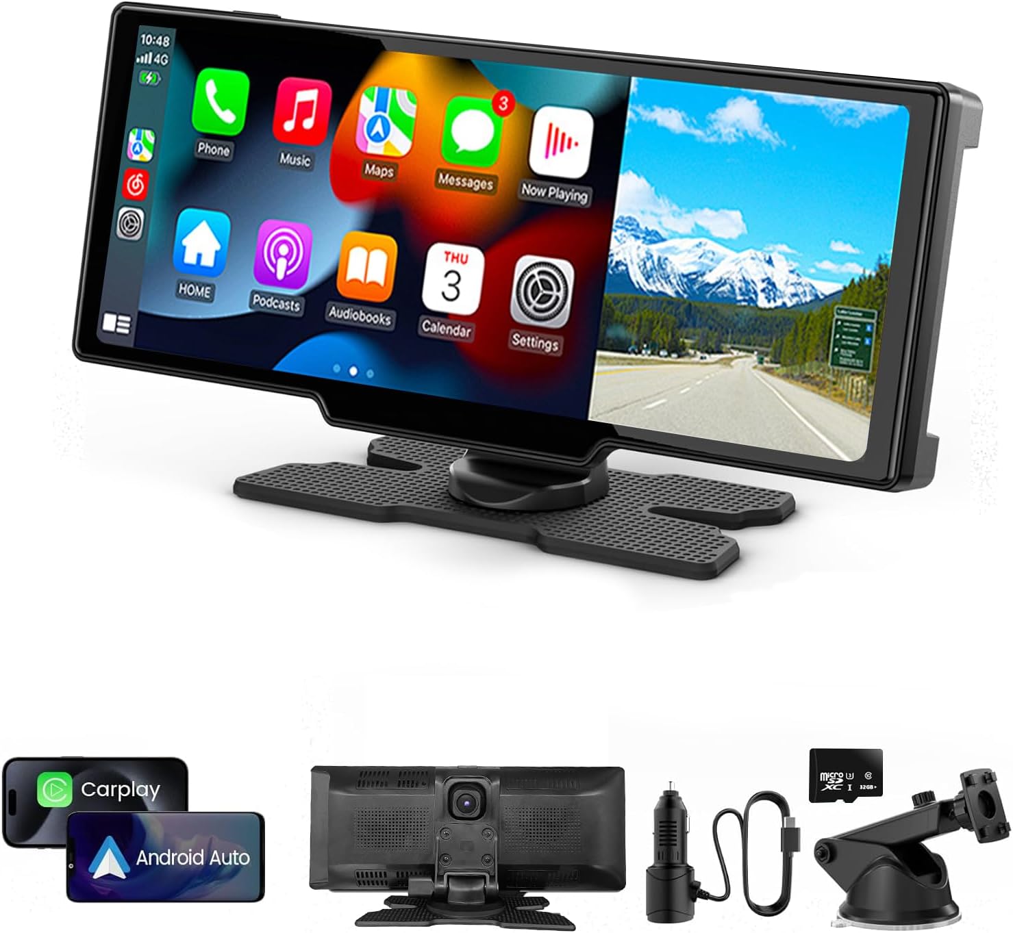 Portable Apple CarPlay & Android Auto Screen for Car | 4K Dash Cam | 10.26'' Touchscreen Car Stereo with Voice Control, Music Play, GPS Navigation, FM Transmitter & Mirror Link