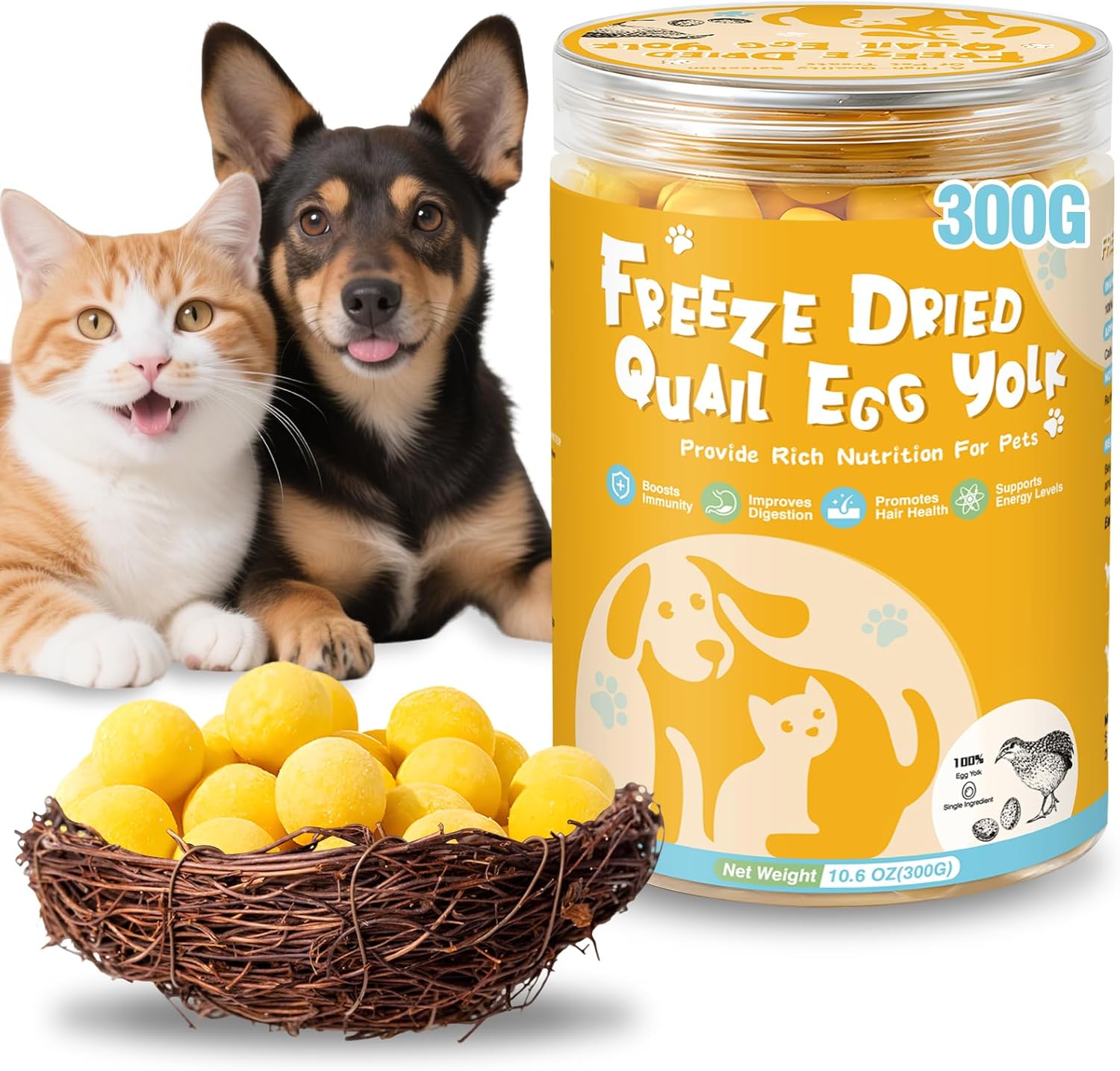 10.6 OZ Freeze Dried Quail Egg Yolk Healthy Pet Treats Food for Dogs Cats Natural Single Ingredient Tasty Freeze Dried Quail Eggs Snack Training Human Grade Free of Grain Gluten Rawhide