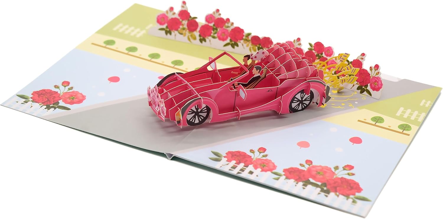 Wedding 3D Pop Up Card, Romantic Rosy Couple Greetings Card, Perfect Weeding Gift, Anniversary Card, Handmade Wedding Car pop up