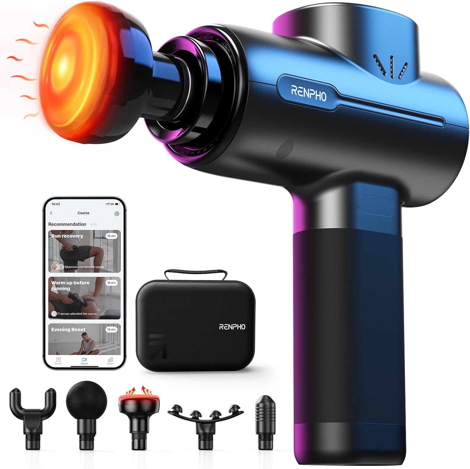 RENPHO Massage Gun with Heat, FSA HSA Eligible Portable Percussion Massager with Bluetooth for Back and Neck, Gifts for Men and Women, Carry Case, Active+ Thermal