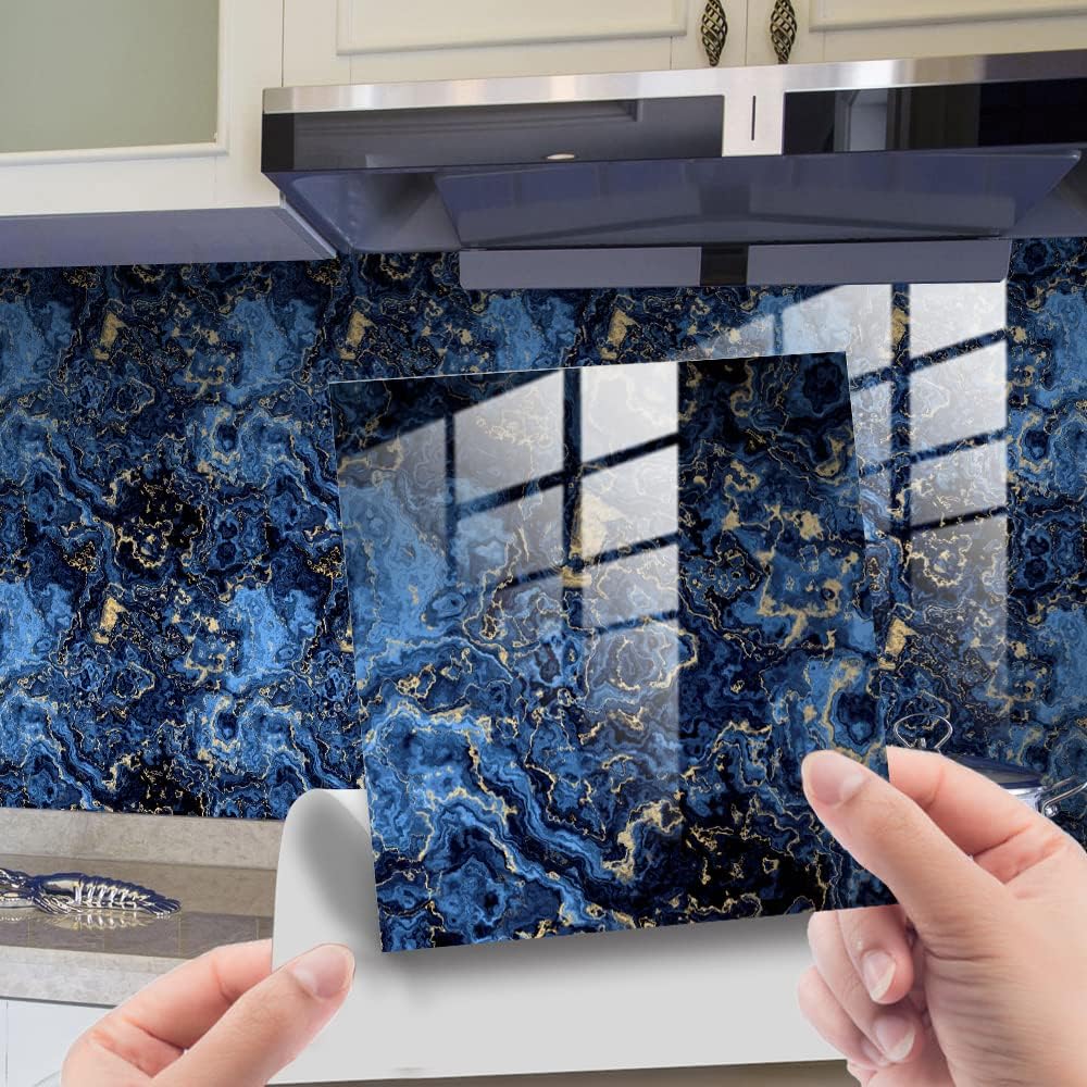 HORIWE Marble Tile Stickers for Kitchen Bathroom Backsplash Wall Thickening PVC Decal Sticker Adhesive Tile Art DIY Home Decor Waterproof Oil Proof 20pc 20x20cm Blue