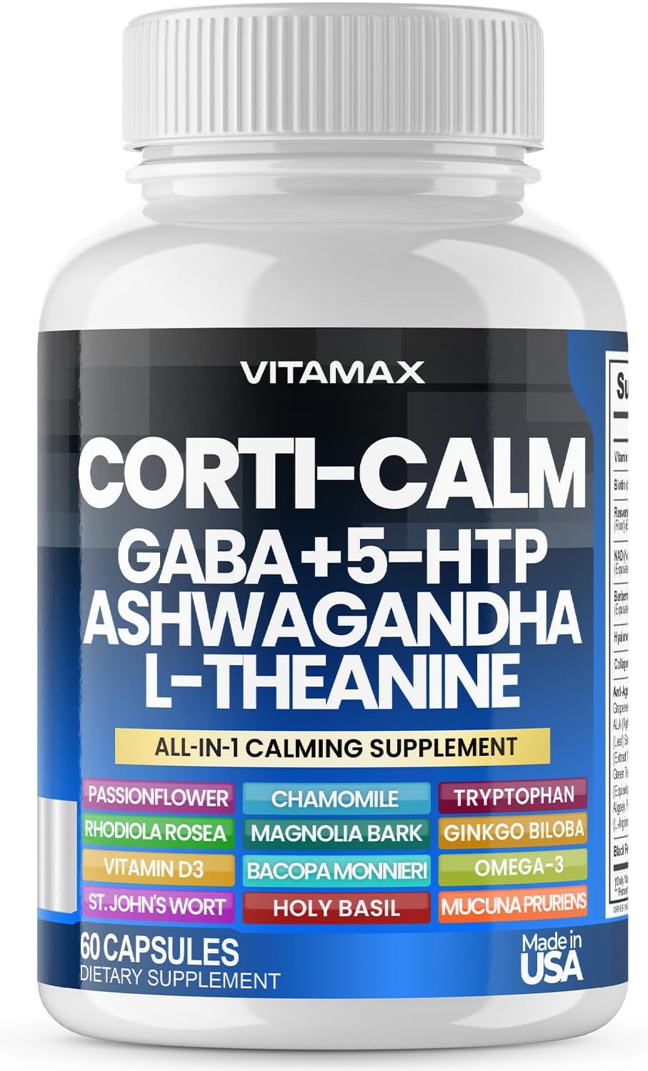Corti-Calm Cortisol Supplement, L Theanine, Ashwagandha, Vitamin D 3, GABA for Relaxation, Fatigue & Focus with Ginkgo Biloba, Bacopa Monnieri, 5-HTP – Non-GMO, Made in USA – 60ct