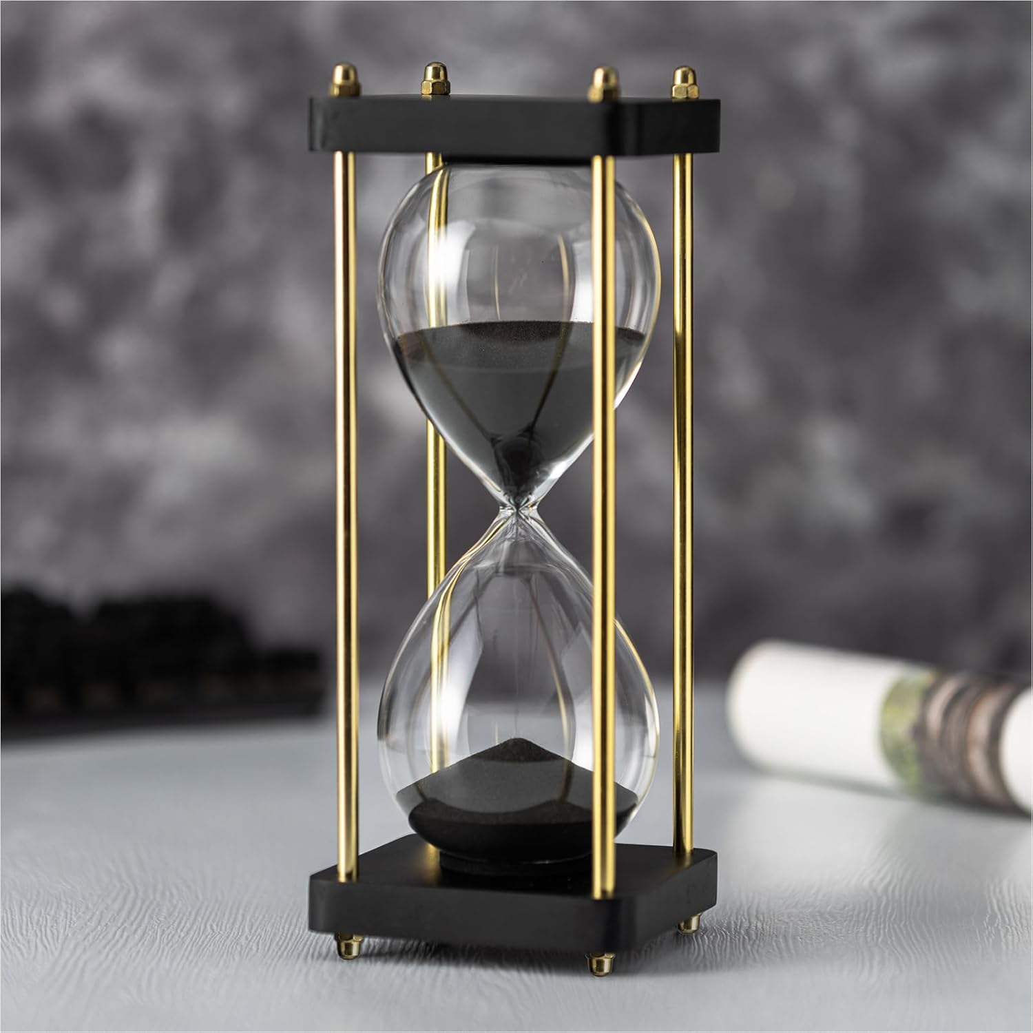 Hourglass Timer 60 Minute with Golden Pillars, Black Wooden Base Decorative Sand Timer (Black Sand, Large Size)