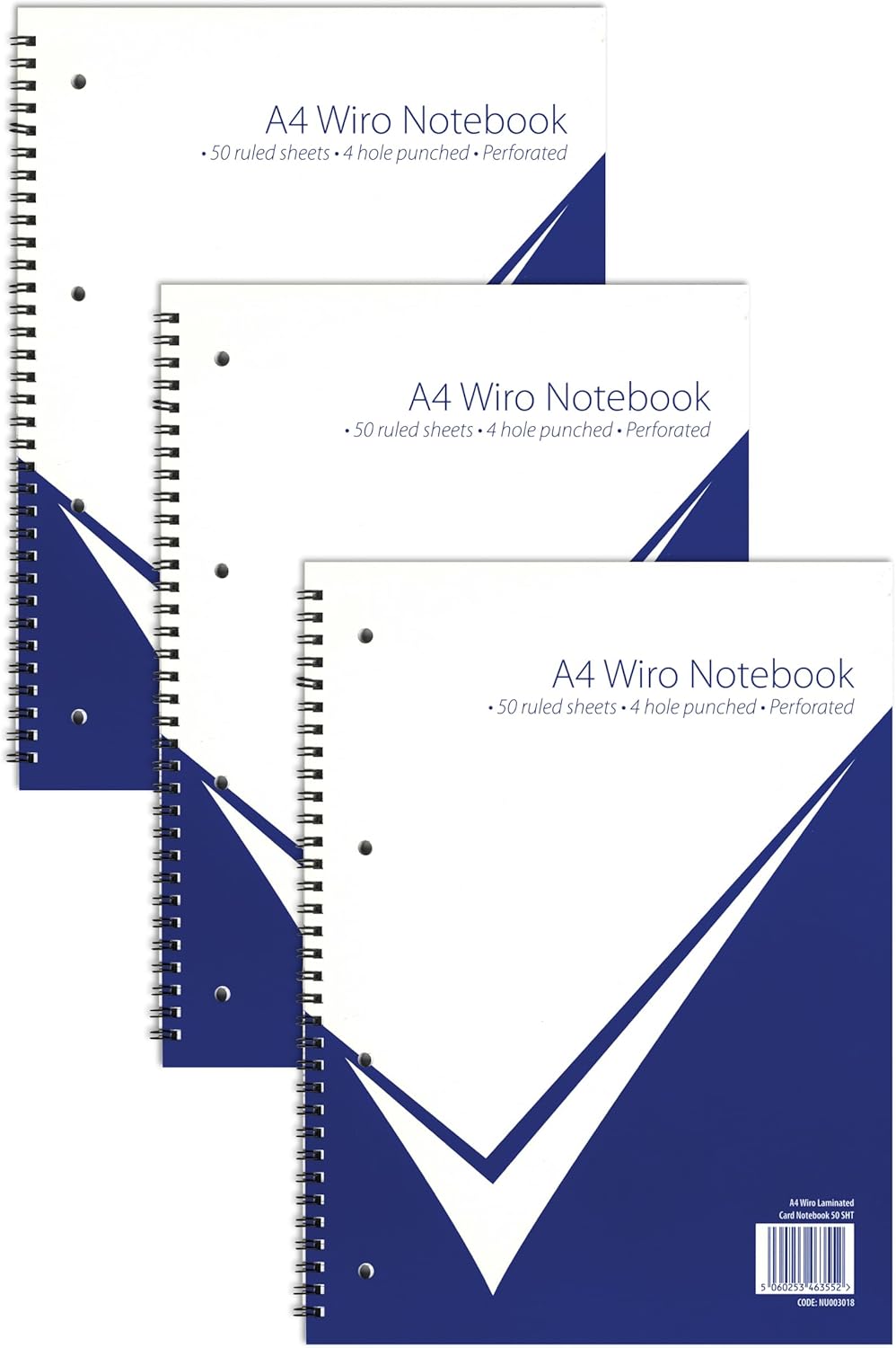 nu: A4 White Wirebound Notebook | Stationary, Office, School Notebook | Writing Pad | Gloss Card Notebook | 50 Pages | Pack of 3 | Office Range