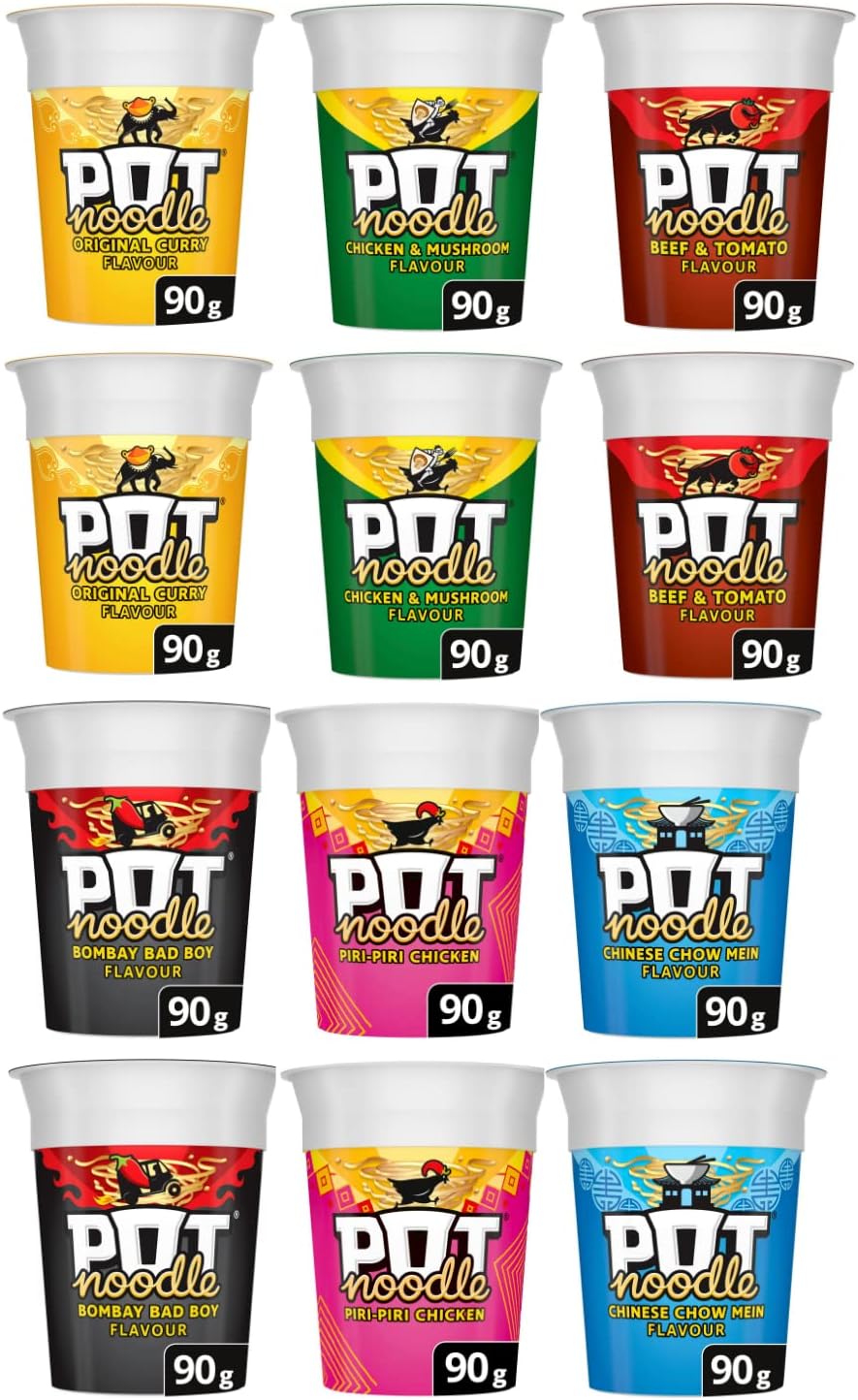 Pot Noodle Variety Pack - 6 Varieties 2 of Each Flavour - Chicken & Mushroom, Original Curry, Beef & Tomato, Chinese Chow Mein, Bombay Bad Boy, Piri-Piri Chicken - Instant & Tasty On The Go Meals