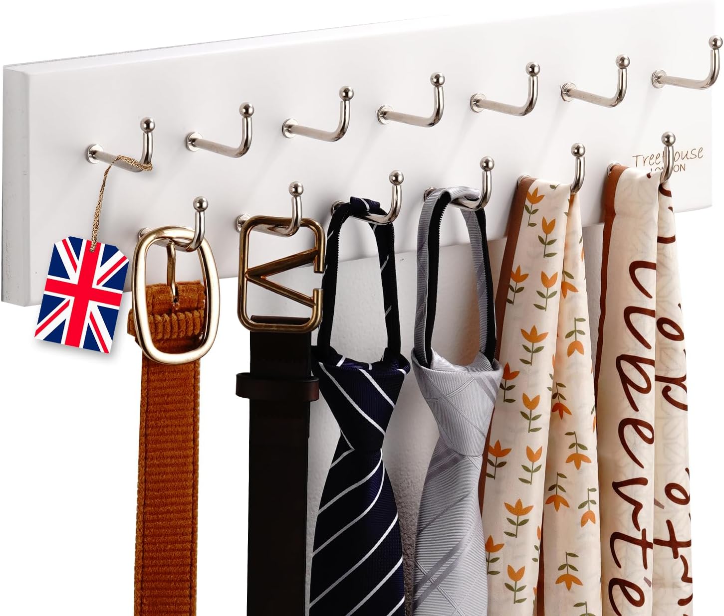 Treehouse Belt Organizer Rack, Holds Over 28 Large Belts, Sturdy Metal & Solid Wood Storage Holder for Closet, Versatile, Wall Mounted Belt & Tie Display Hanger for Bedroom - (White)16''L x4.25''H