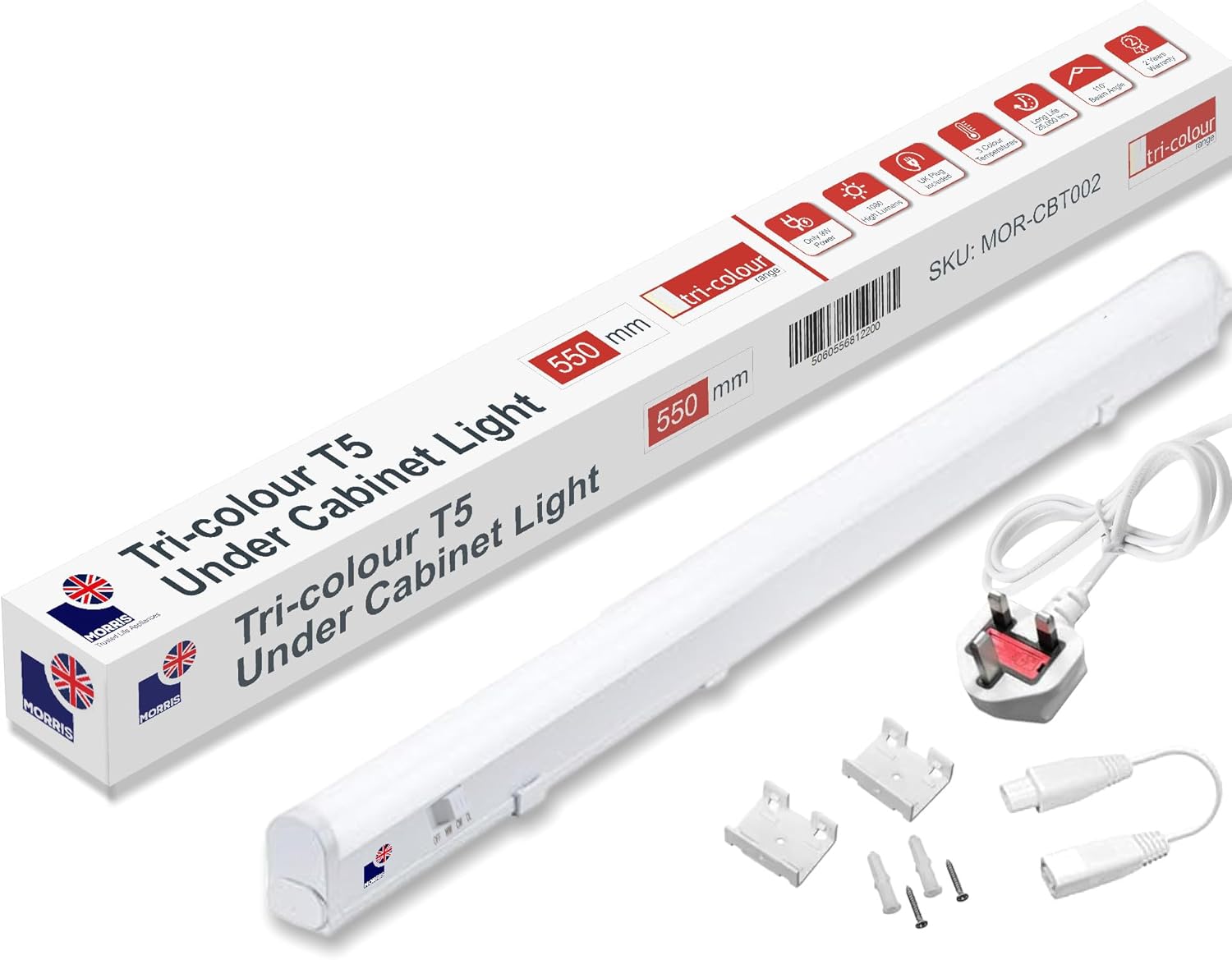 Morris LED Under Cabinet Light Linkable 3 Colours in 1 3000k/4000k/6500k Kitchen Light - UK Plug Included - 288mm, 550mm, 850mm,1150mm (550mm, 1Pack)