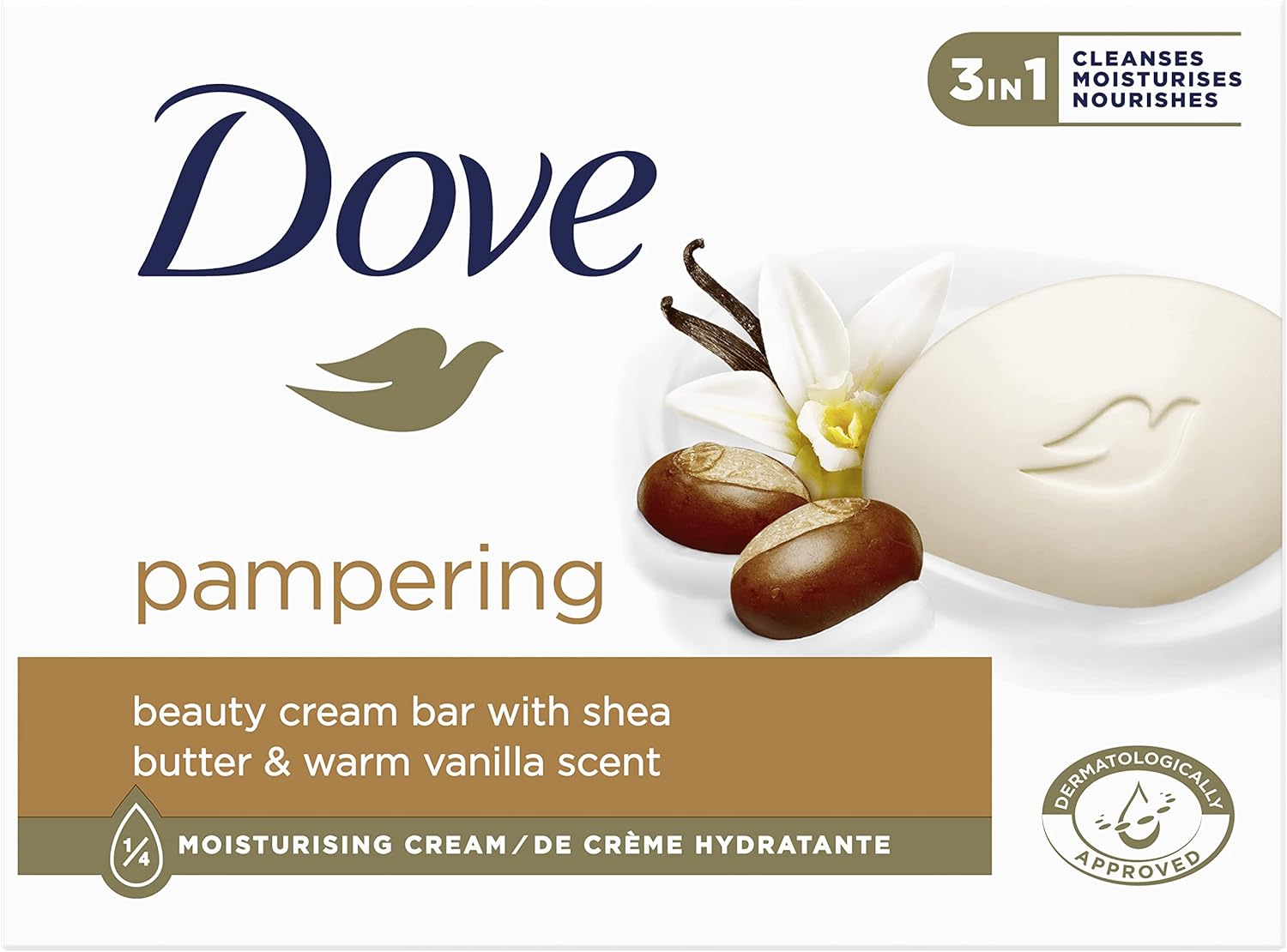 Dove Beauty Cream Bar Pampering Shea Butter Hand Soap with 1/4 Moisturising Cream for Soft and Smooth Skin Feeling 90 g