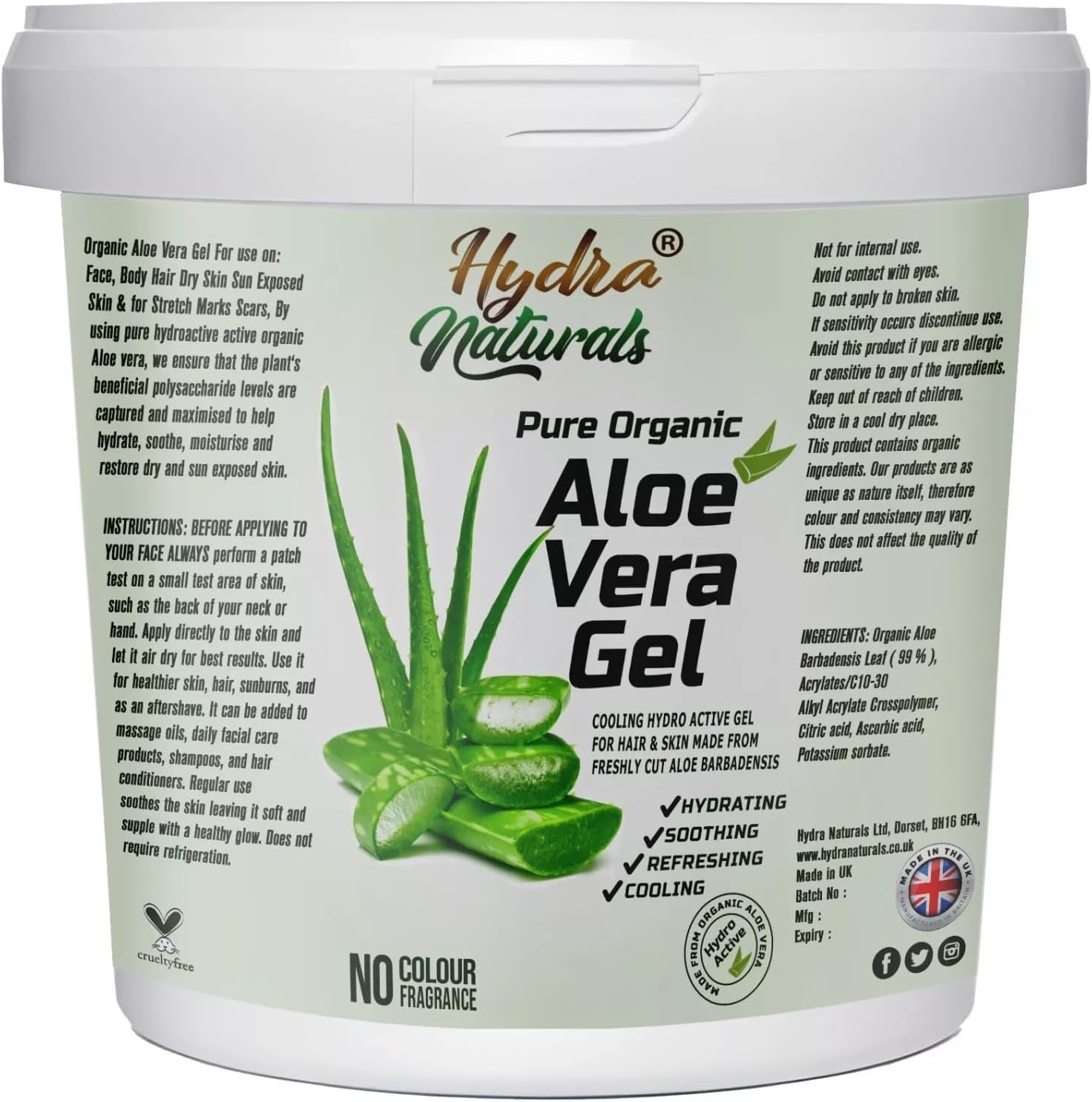 Hydra Naturals Aloe Vera Gel 1000ml Large XXL Size for Hair, Skin, Face, Sunburn, Dry Skin, Scars, Skin Burn, Stretch Marks Multipurpose Made From Freshly Cut Aloe Vera All-Over Head to Toe Gel
