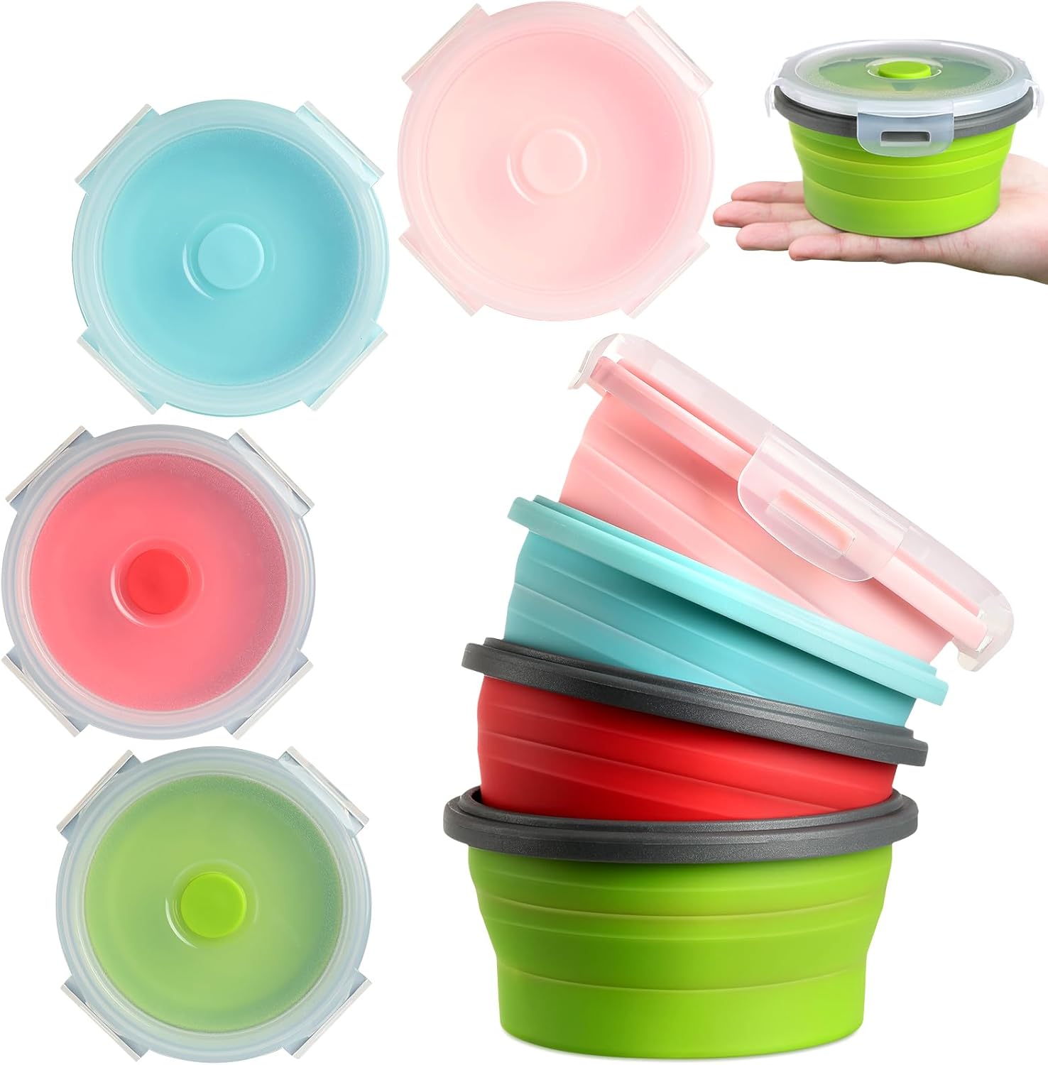 Suclain 4 Pcs Camping Bowl with Lid Collapsible Silicone Lunch Box Salad Bowl Expandable Food Storage Container Folding Travel Container for Hiking Camping(Red, Pink, Blue, Green,12 oz)