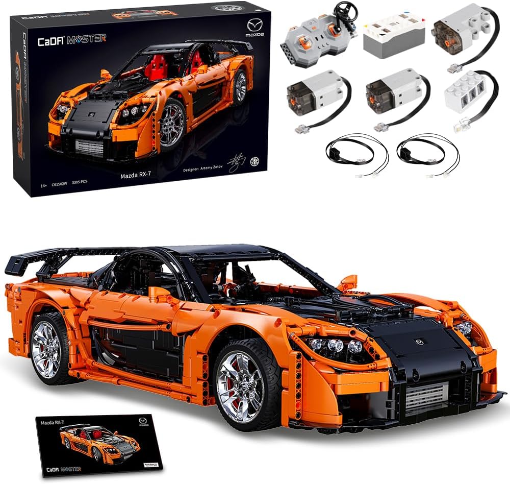CaDA Master C61502W Mazda RX-7 Remote Control Powered Building Block Car, 1:8 Scale, 3305 Pieces, Dynamic Collectible Brick Model