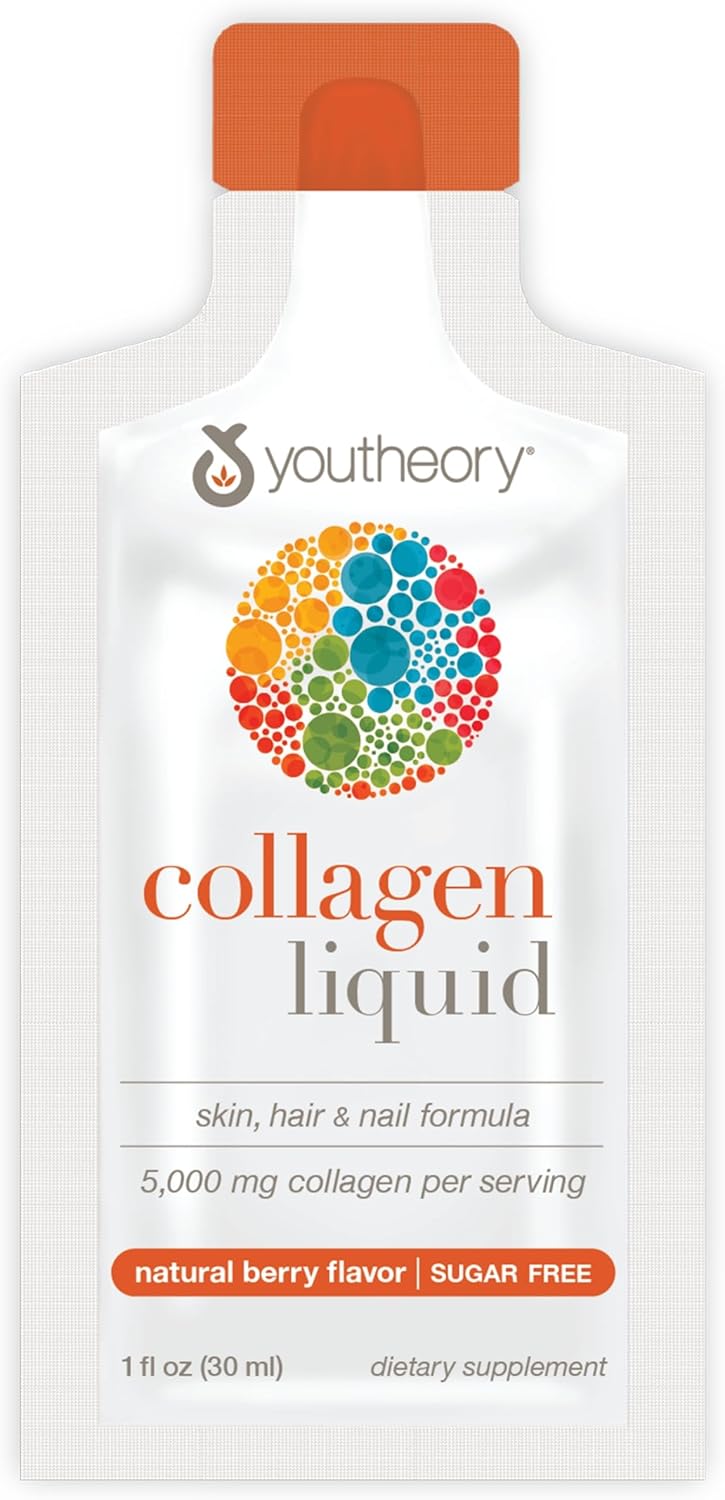 Youtheory Collagen Liquid - 5,000 mg Hydrolyzed Collagen - for Hair, Skin & Nails* - Sugar, Dairy & Soy Free - Berry Flavor - 12 Single Serving Packets