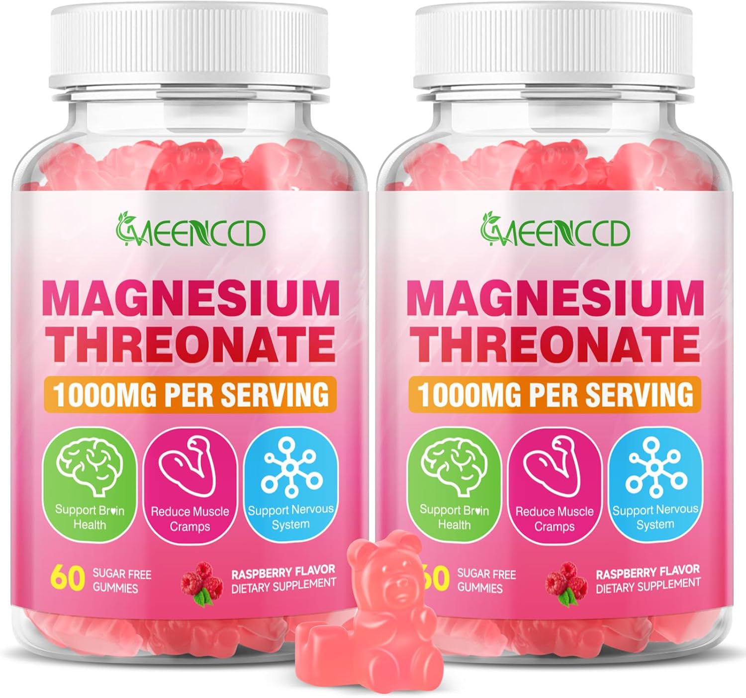 2 Pack Magnesium Threonate Gummies 1000mg, Magnesium L-Threonate Supplement for Kids & Adults, Muscle & Nervous System Support, Non-GMO, Sugar-Free, Raspberry Flavor, 120 Count