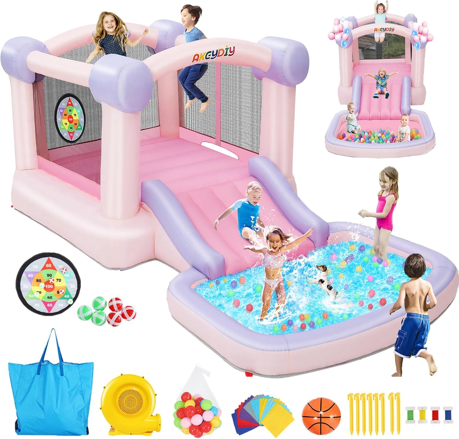 AKEYDIY Pastel Dream Bounce House for Kids 3-10, 161x82x63 inch Water Bounce House w/Slide,Ball Pit/Pool, Pink Bounce House UL Blower &50 Plastic Balls, Water Slide Bounce House Outdoor Backyard