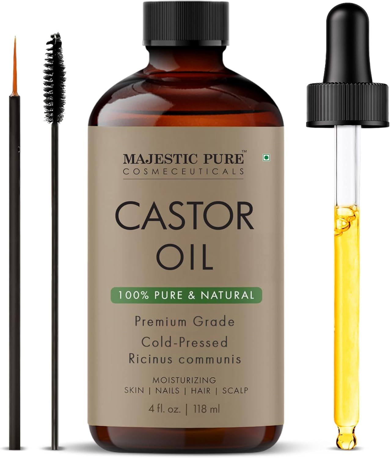 Majestic Pure USDA Organic Castor Oil | Hexane Free & 100% Pure | Cold Pressed | Stimulate Growth for Hair, Eyelashes, Eyebrows, Nails | Moisturizing & Nourishing | Body, Hair & Carrier Oil | 4 Fl Oz