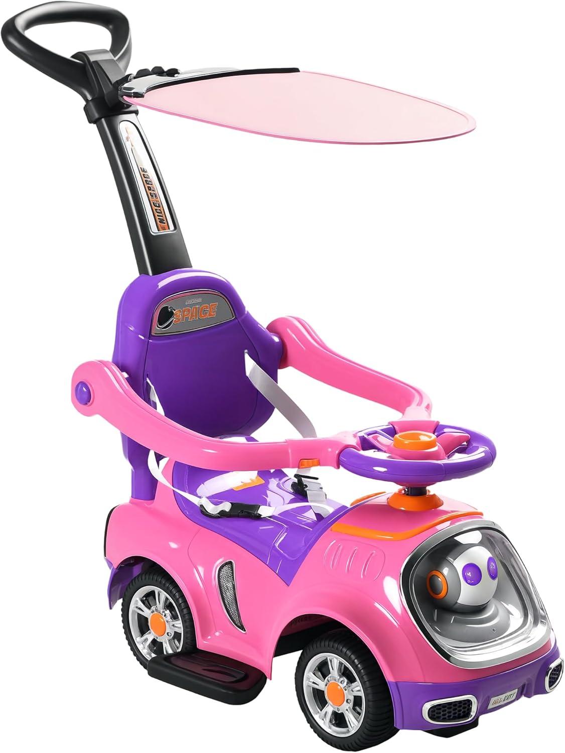 AIYAPLAY 3 in 1 Ride on Push Car, Cartoon Robot Theme Foot to Floor Slider, Baby Push Along Car with Parent Handle, Light Music Horn, Underneath Storage, for Boys Girls 12-36 Months - Pink