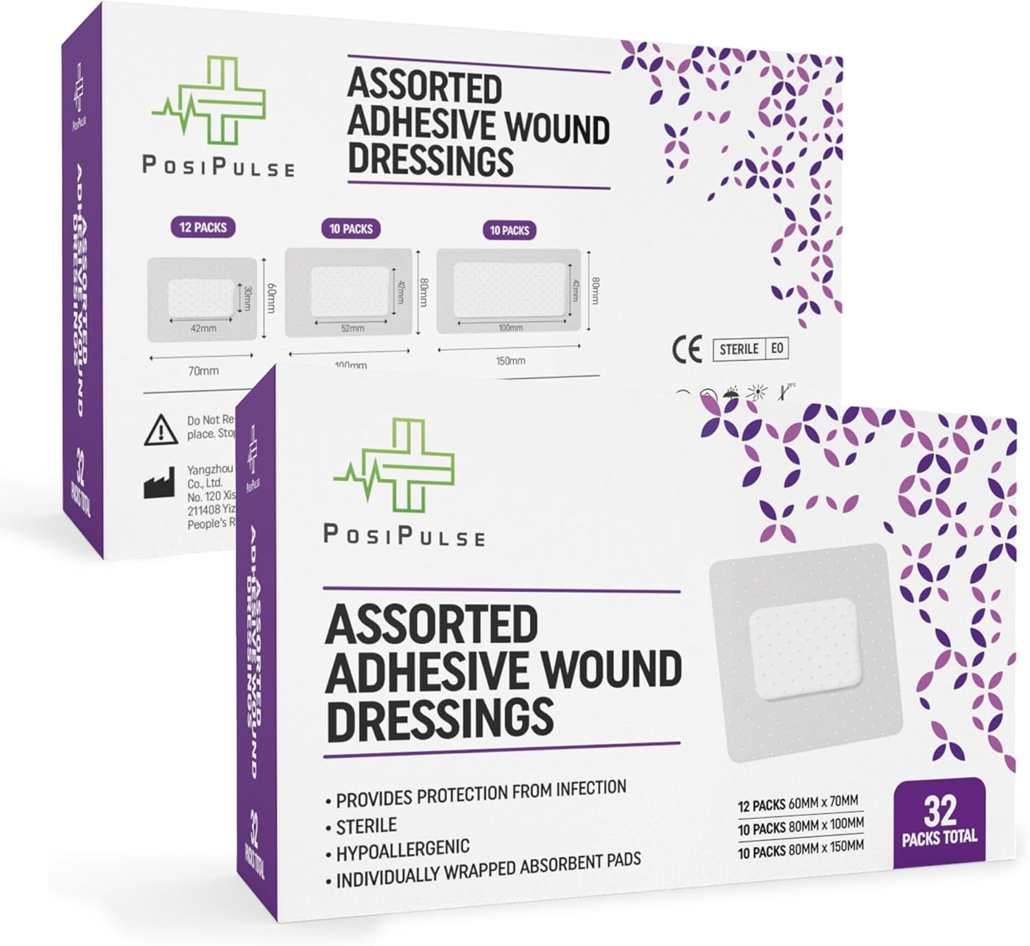 Posi Pulse Assorted Adhesive Wound Dressings - 32 Packs for Protection from Infection, Sterile Individually Wrapped, Hypoallergenic, Breathable, Absorbent for Cuts, Grazes, Ulcers, Sores