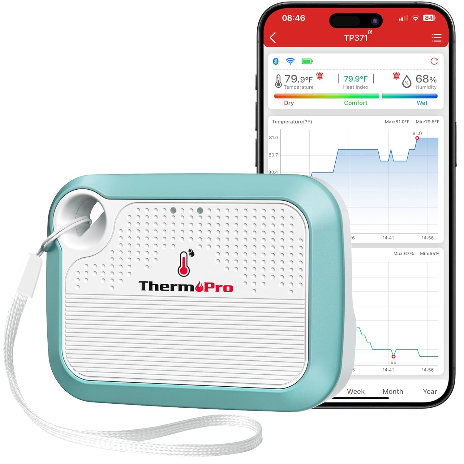 ThermoPro WiFi Hygrometer Thermometer TP371, Wireless Humidity Meter Temperature and Humidity Monitor with Reliable Connectivity, Bluetooth Temperature Sensor with App Alerts and Data Storage Export