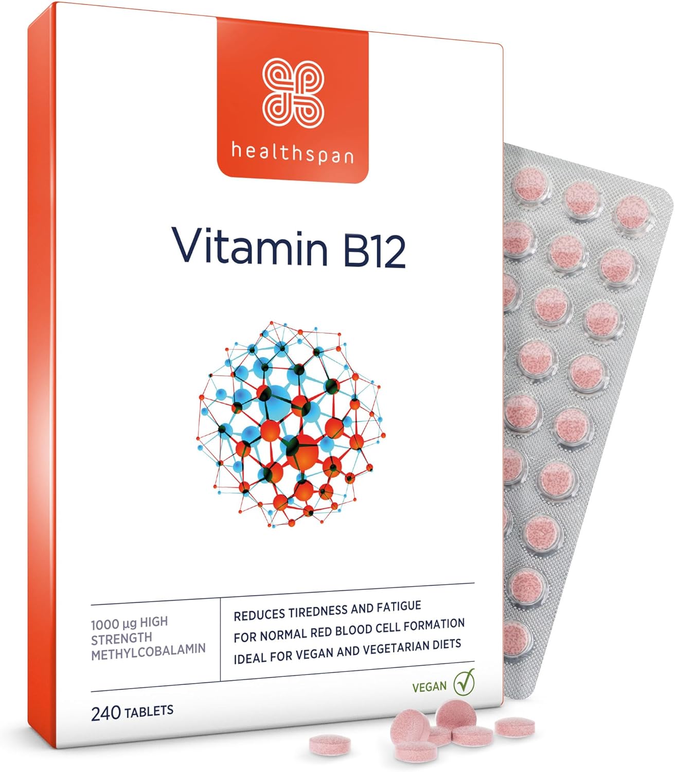 Healthspan Vitamin B12 1,000µg | 240 Tablets | Immune Support | Tiredness & Fatigue | One-A-Day Tablet | Easy to Swallow | Vegan