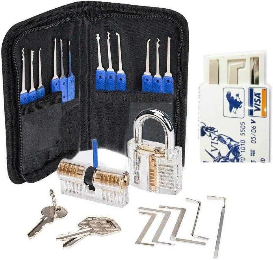 30 Pieces Lock Picking Tool Set With 2 Transparent Training Locks and Updated Version Card Kit - 4 Training Levels for Beginner and Locksmith
