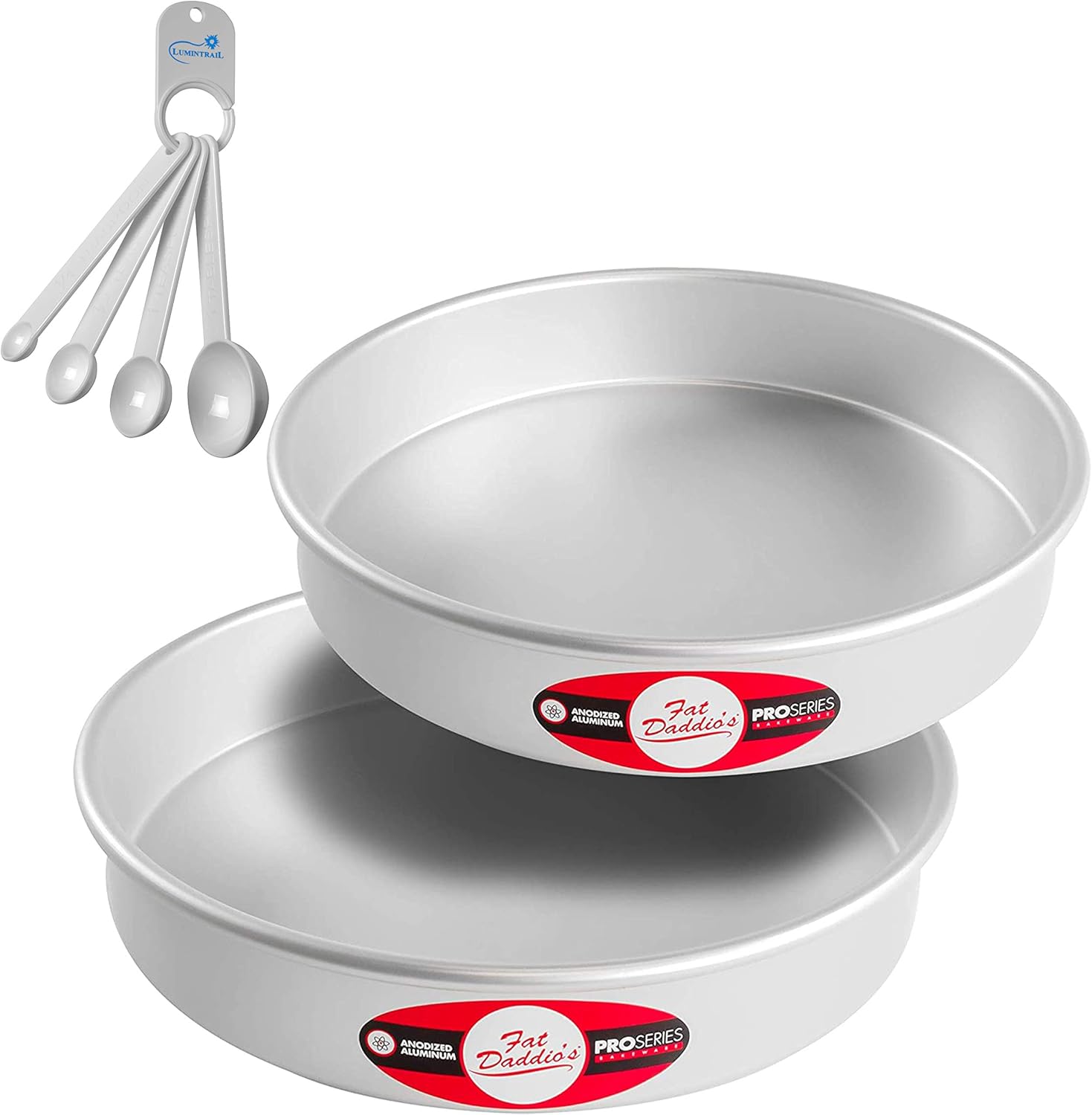 Lumintrail Fat Daddios Anodized Aluminum Tiered Round Cake Pans Bundle with a Spoon Set (10" Diameter (Set of 2), 2" Deep)