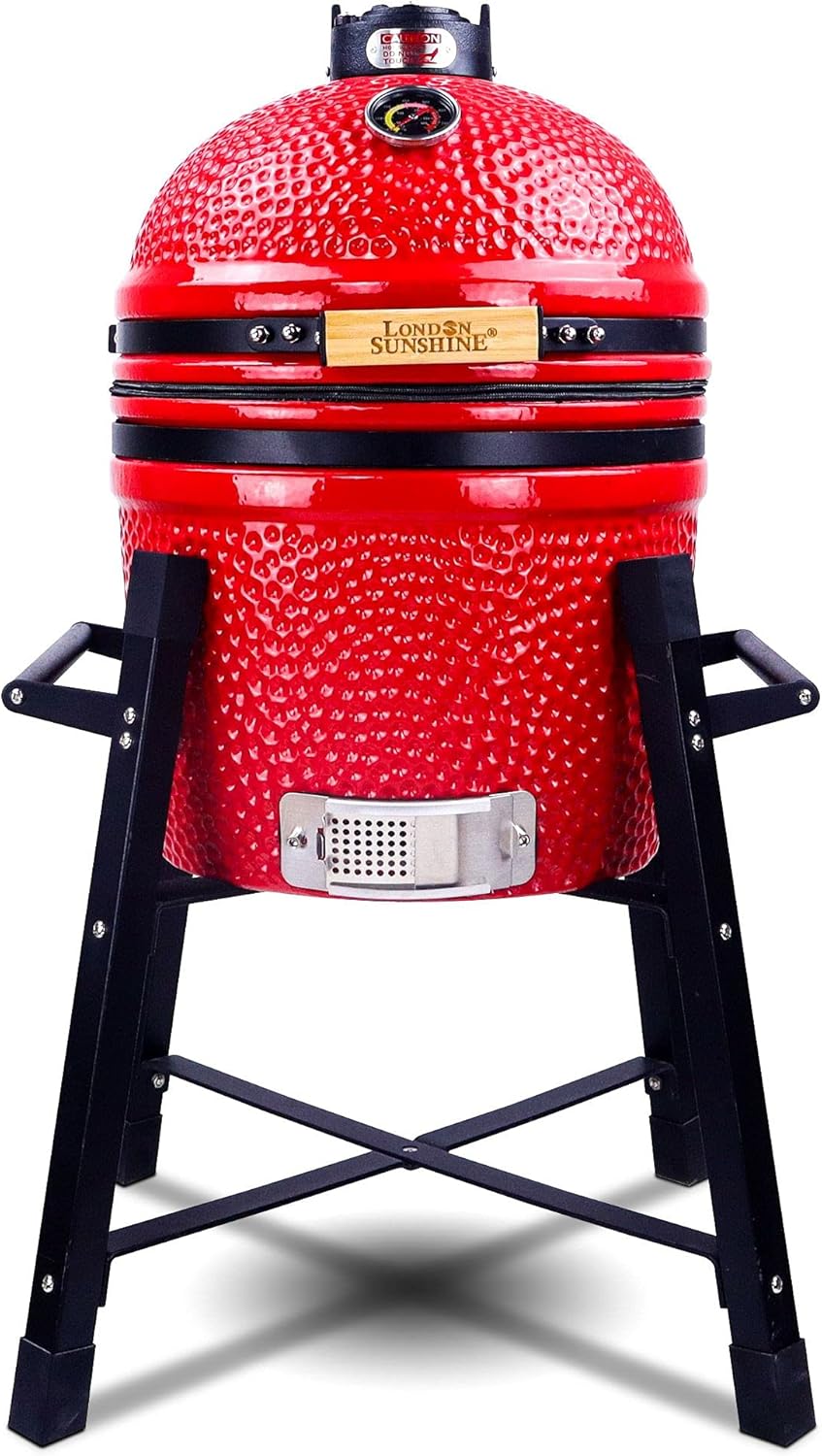 Ceramic Kamado Charcoal BBQ Grill and Smoker, Stainless Steel Grates -15" Ceramic with Tall Stand (RED)