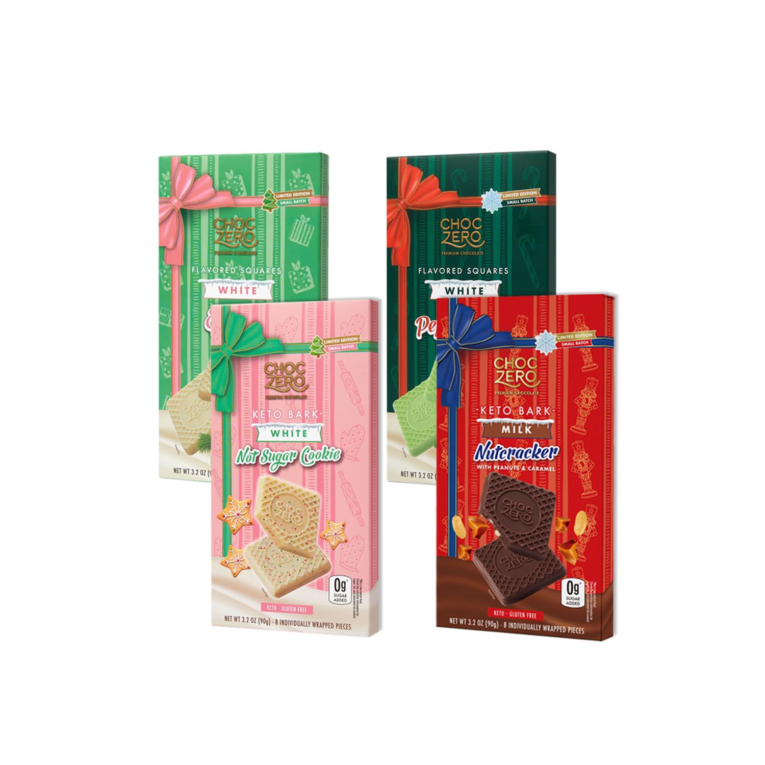 ChocZero Chocolate Bark & Squares Holiday Gift Pack, Christmas Themed Chocolate Assortment, 3.2 Ounce (Pack of 4)