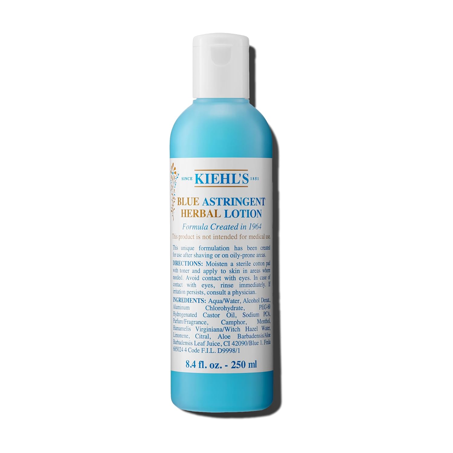 Kiehl's Blue Astringent Herbal Lotion, Soothing Facial Toner for Oily Skin, Instant Refreshing Spot Treatment & Men's Aftershave Lotion, Soothes & Balances Skin, with Menthol & Camphor - 8.4 fl oz