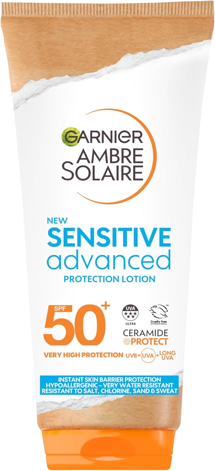 Garnier Ambre Solaire SPF 50+ Sensitive Advanced Sun Cream, For Sensitive Skin, Water Resistant & Non-Greasy Sunscreen, SPF 50 UVA & UVB Protection, Approved by Cruelty Free International, 175ml