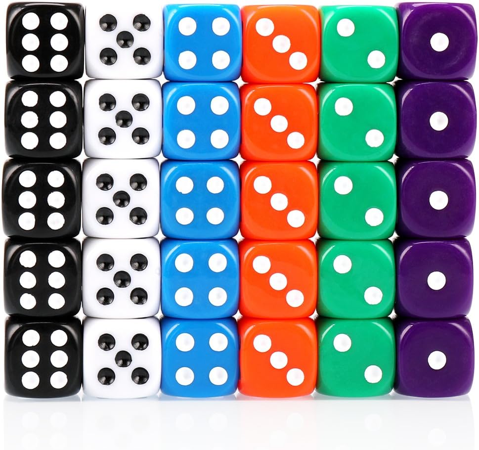 H&S 30x Dice 6 Sided 16mm 6 Colours Spot Dice Set for Dice Games