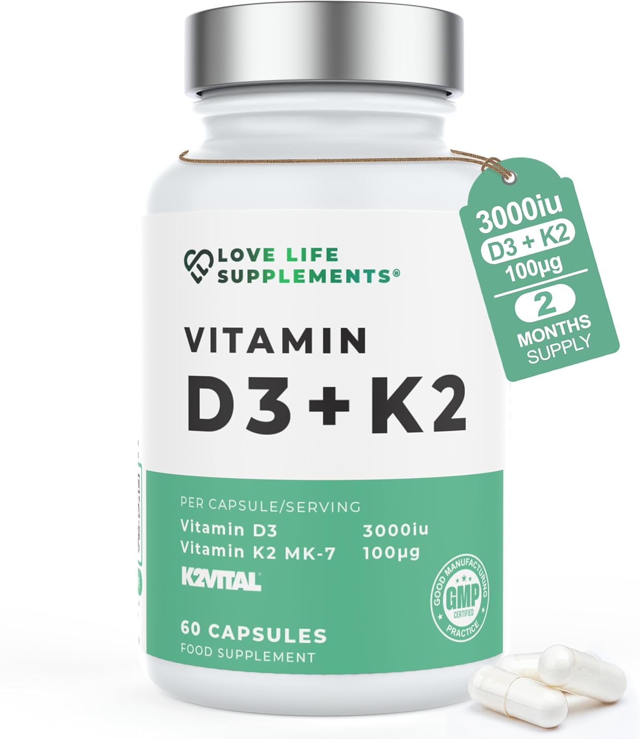 Vitamin D3 K2 and MCT Powder for Superior Absorption | Includes K2VITAL® MK-7 - A Premium Form of K2 | 60 Capsules | 3000iu D3 + 100μg K2 | Love Life Supplements - Premium UK Supplements
