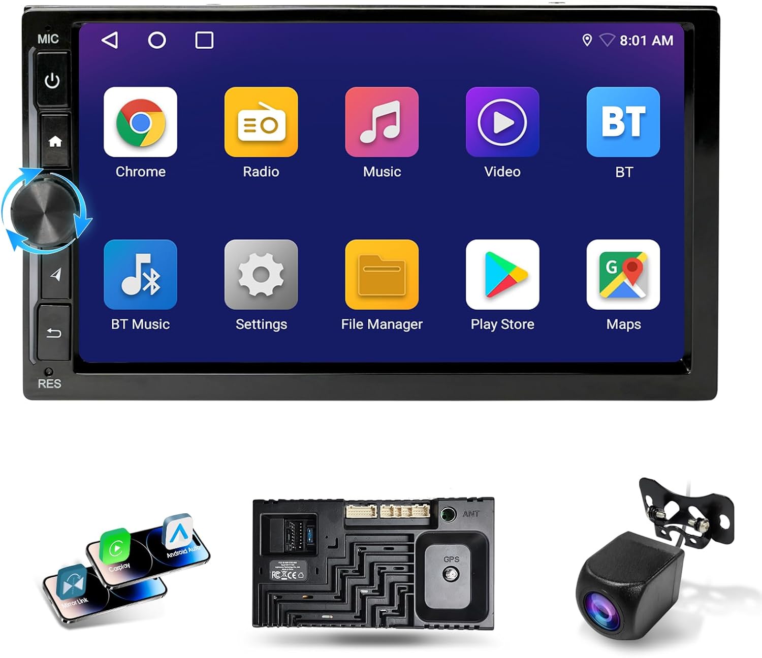 7" Double Din Car Stereo with Wireless CarPlay/Android Auto, HD Touchscreen Car Radio with 2+32GB, Mirror Link, Backup Camera, GPS Navigation, WiFi, Bluetooth 4.1, FM/AM