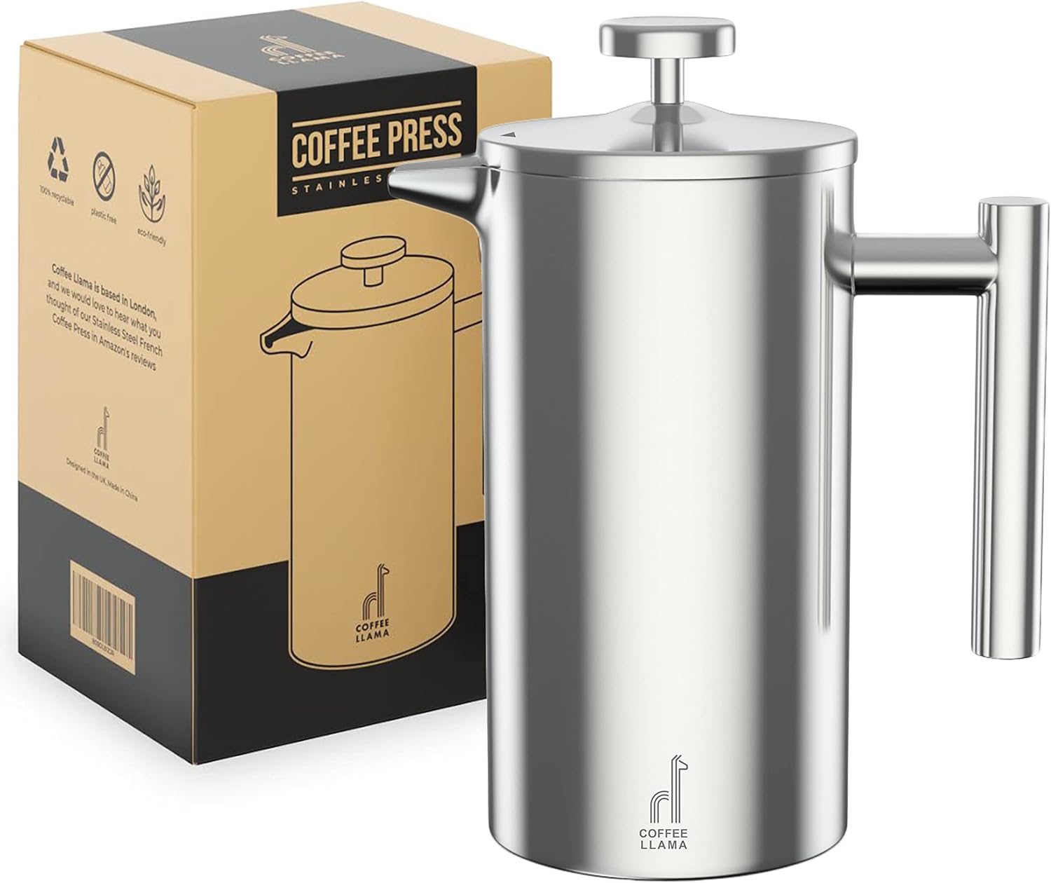 Coffee Llama™ French Press | 1 Litre | 8 Cups Cafetiere Doubled Walled Portable Stainless Steel Coffee Press for Home, Travel & Camping with 3 Extra Filters