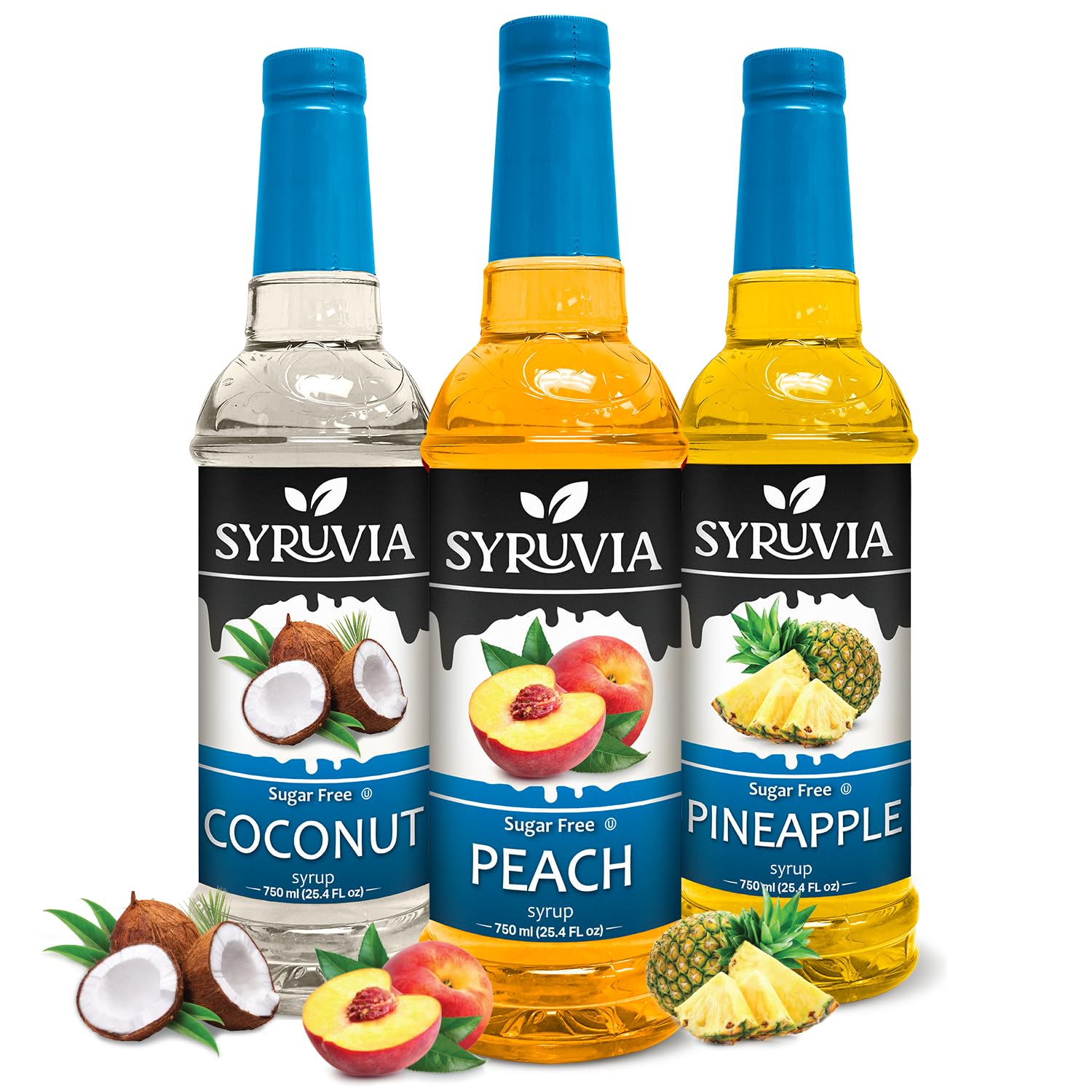 Syruvia Sugar Free Coconut, Peach and Pineapple Syrup Fruit Mix Favorites Variety Pack - 25.4 oz - Perfect for Cocktails, Desserts, Italian Sodas, Ice and More, Kosher and Gluten-Free.