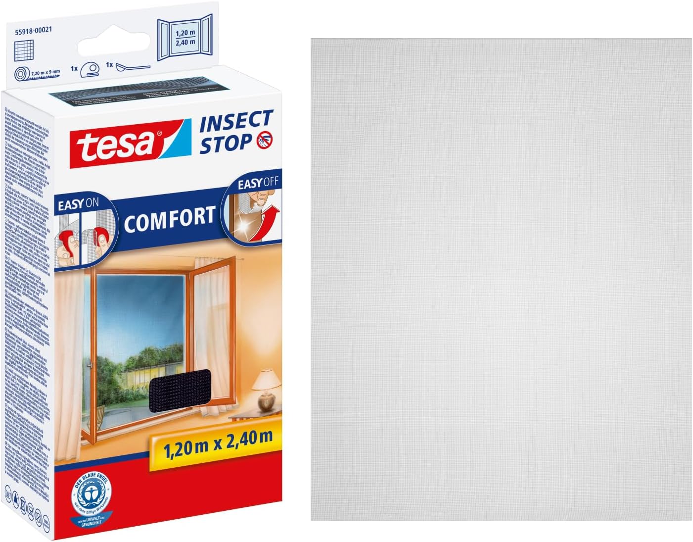 tesa Insect Stop COMFORT for French Windows - Self-Adhesive Hook & Loop No Drill Fly Screen - in Anthracite, 120 cm x 240 cm