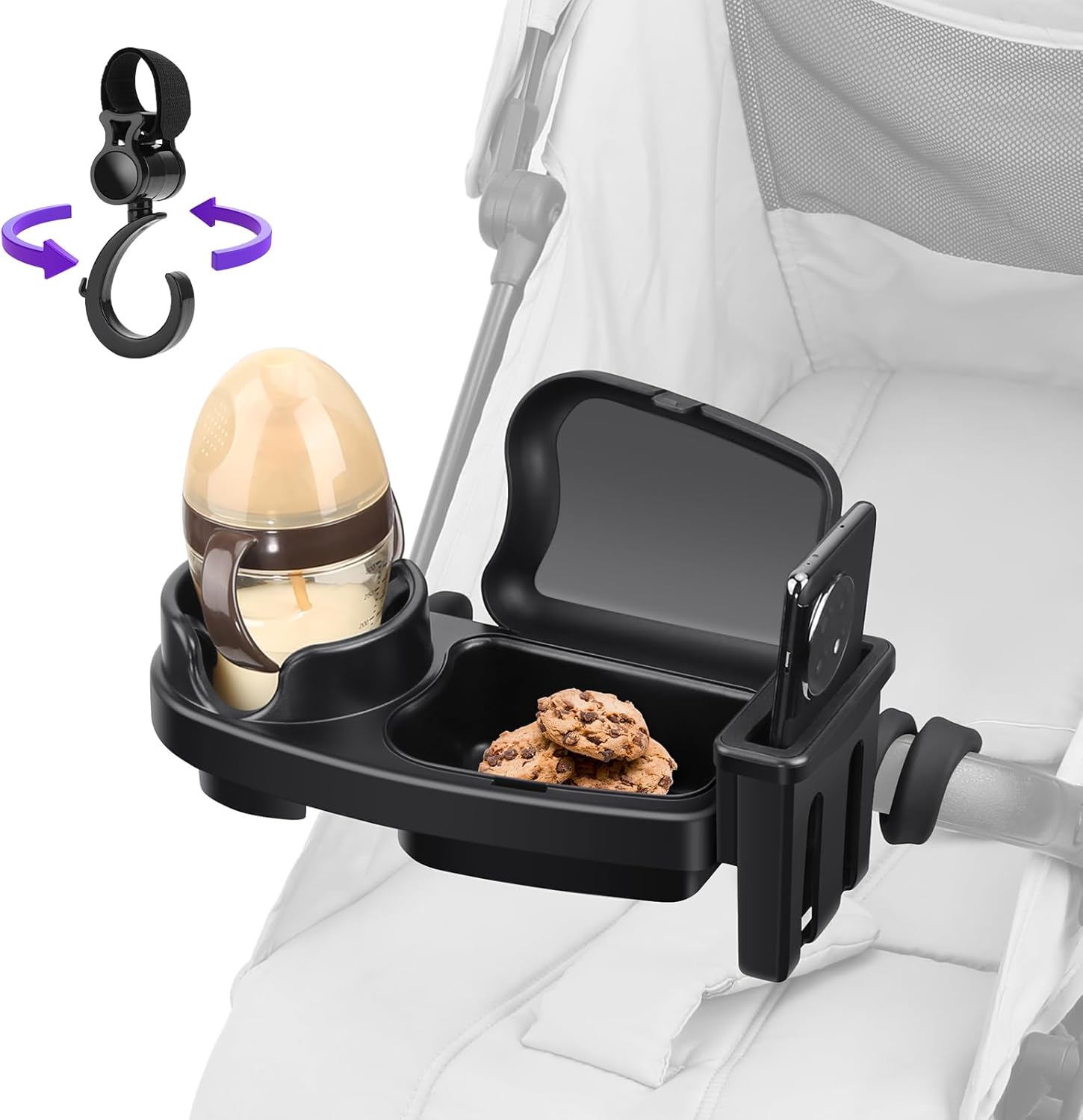 3 in 1 Pram Cup Holder Universal, MYPIN Pram Snack Tray, Removable Stroller Cup Holder, Stroller Snack Tray, Pushchair Cup Holder with Snack Tray, Phone Holder, 360 Degree Rotation for Pram, Pushchair