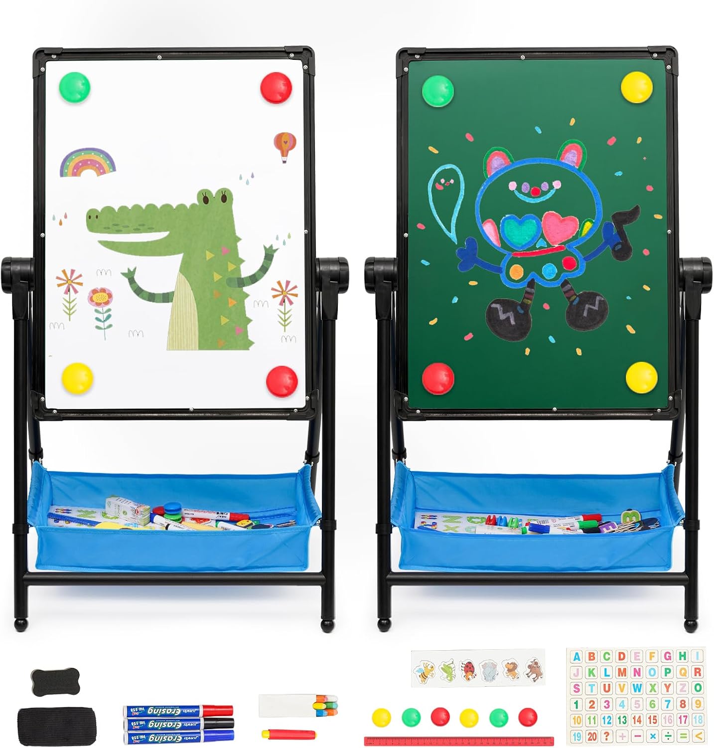 Art Easel for Kids Double Sided Easel Designed with Height Adjustable Function & Large Storage Bag Whiteboard & Chalkboard 360°Rotating Drawing Easels for Kids (26inch-43inch)