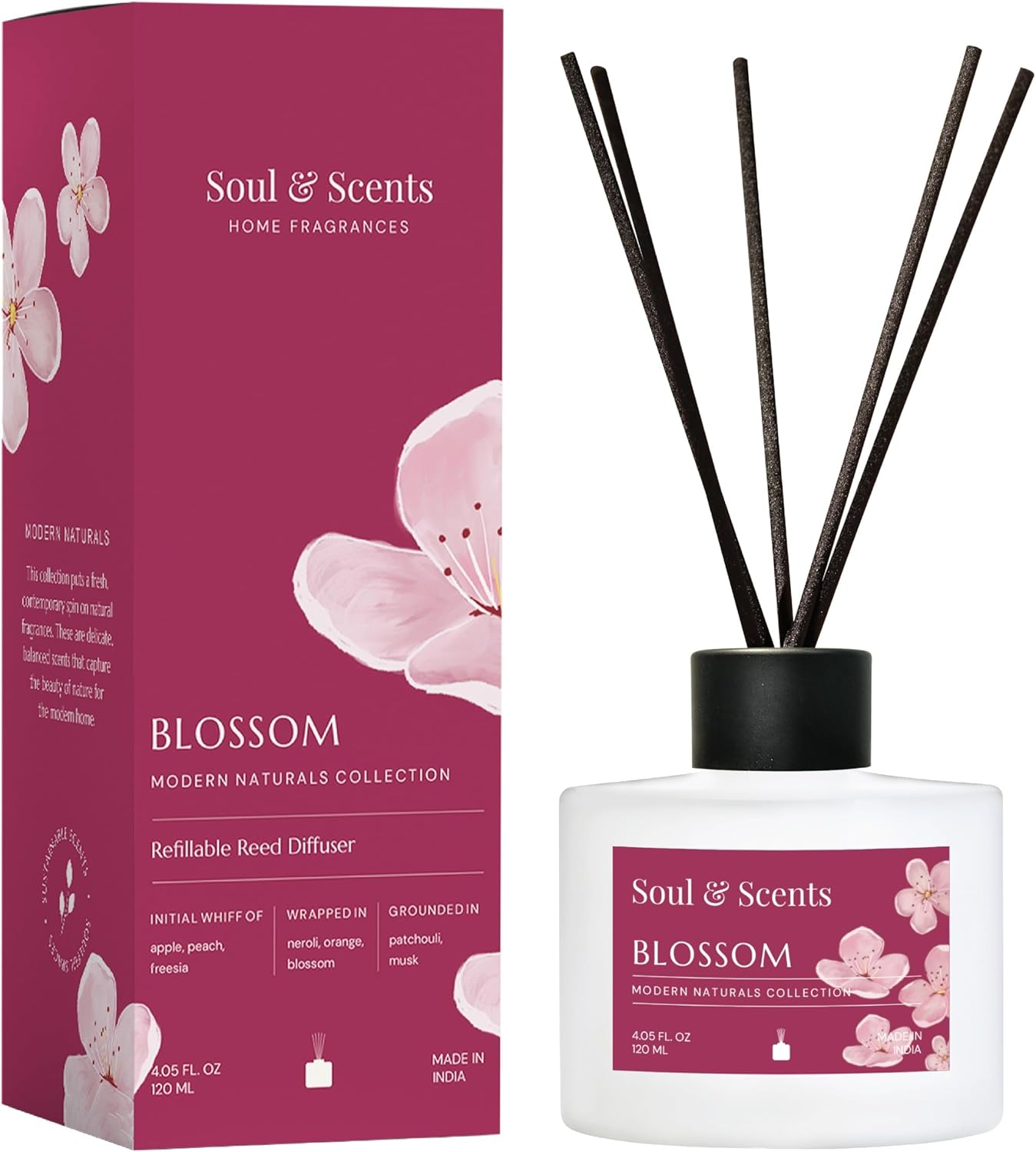 Soul & Scents 120Ml Blossom Reed Diffuser Set | Free 6 Fiber Reed Sticks | Toxin Free & Stress Relief | Long Lasting | Smoke Less Room Freshener for Home, Bedroom, Living Room & Office