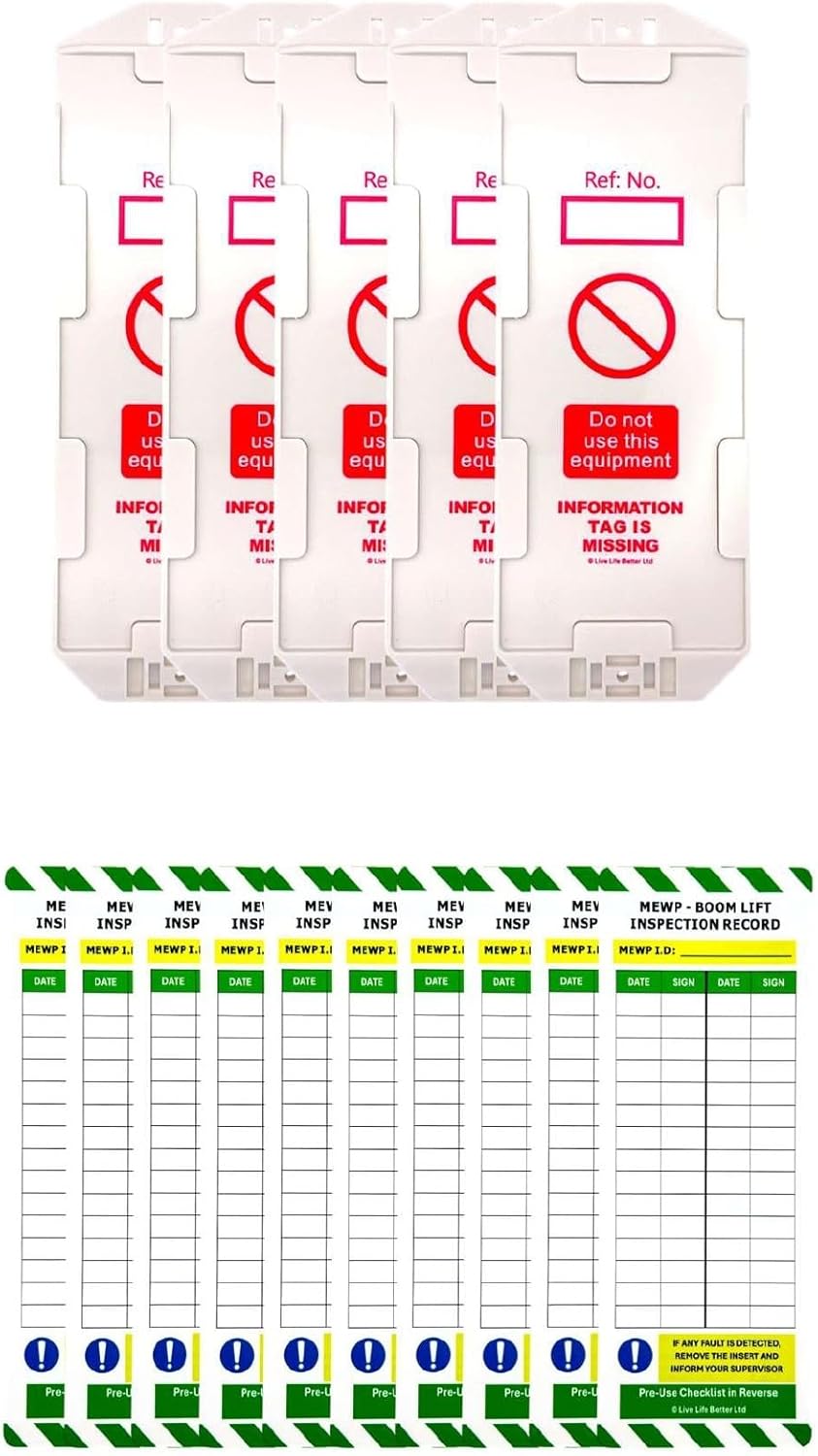 LIVELIFEBETTER® MEWP Boom Lift Inspection Tag Kit – Holders and Inserts - Pre-Use Checklist and Daily Inspection Record for Elevated Work Platforms (5 Holders, 10 Inserts)