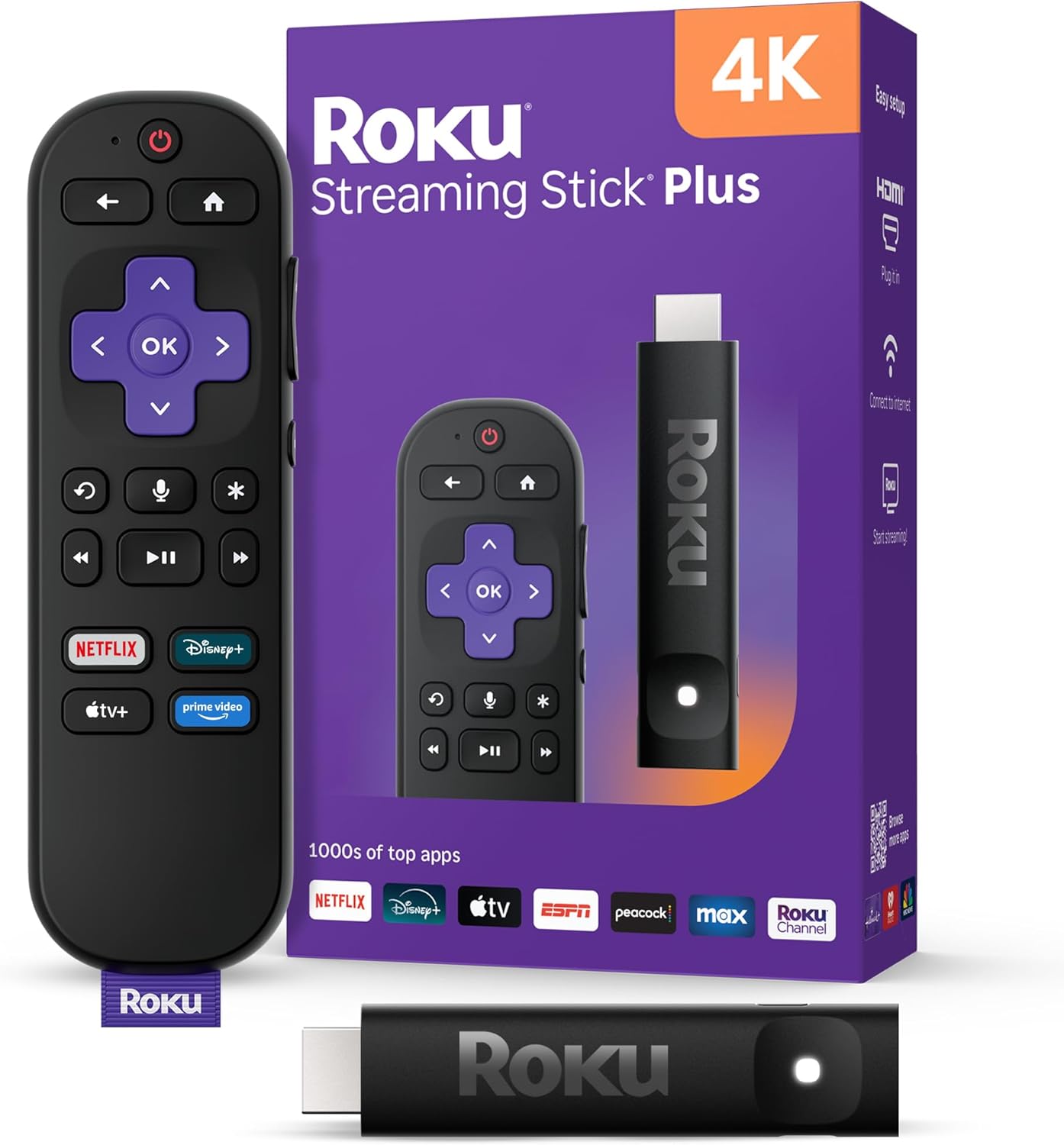 Roku Streaming Stick Plus - 4K & HDR Roku Streaming Device for TV with Voice Remote - Free & Live TV