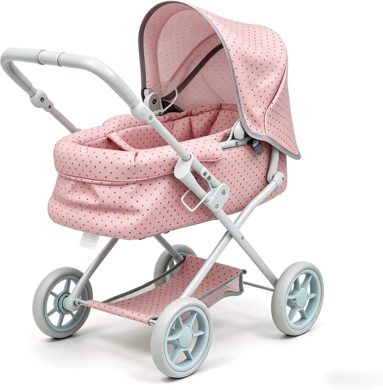 Pinky Reborn Baby Doll Pram Stroller with Retractable Canopy, Pink Polka Dot, Adjustable Hood and Handle, Foldable Pushcart Pram with Shoulder Bag, for Dolls up to 22 Inches, Ages 3+