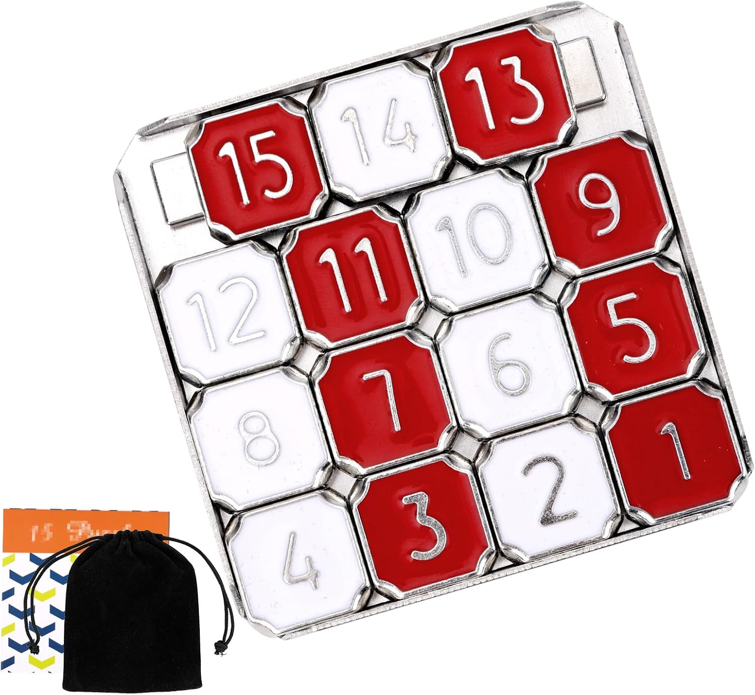 BOXOB Zinc Alloy 15-Number Slide Puzzle, Metal Brain Teaser Game Portable Sliding Tiles Jigsaw with Storage Bag Educational Travel Toy for Birthday Easter Christmas Stuffers Gift (Red/White)