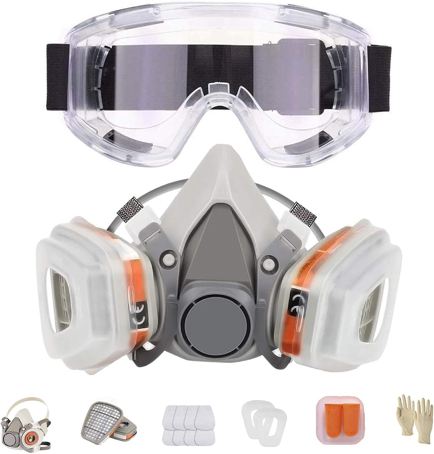 LAMANICE Half Facepiece Respirator, Reusable Chemicals Respirator with 8Pcs Filter Cottons and Goggle Earplug Gloves for Painting,Gas, Dust, Machine Polishing, Organic Vapors, Epoxy Resin